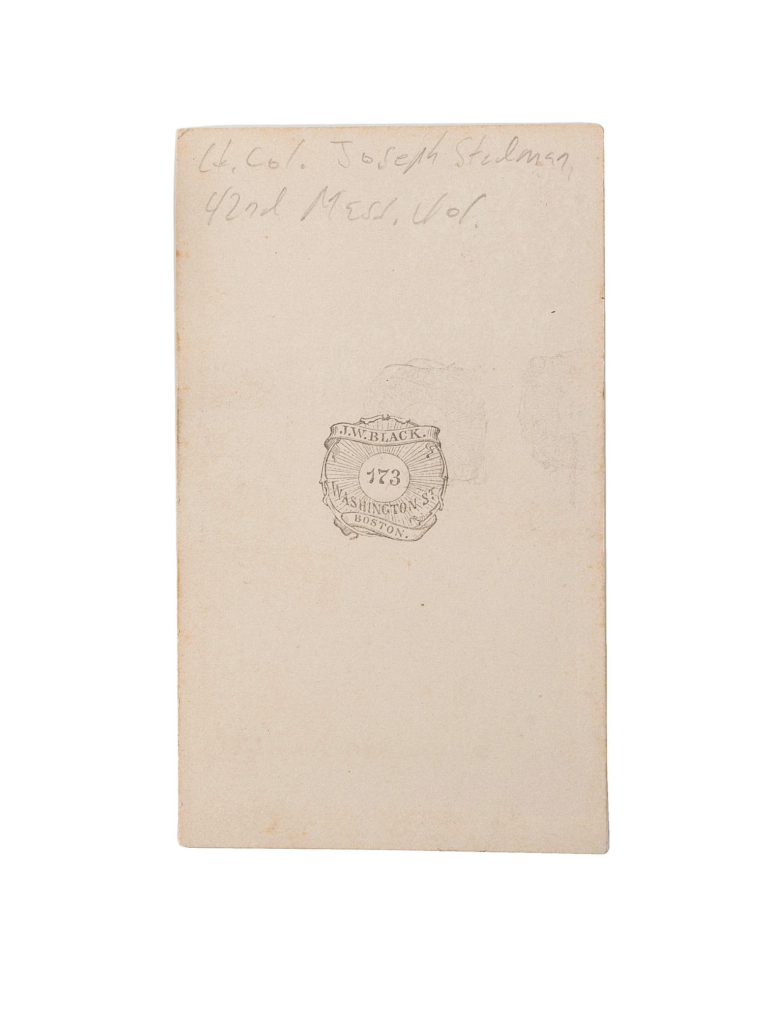 [CIVIL WAR]. CDV and leather haversack identified to Union Lieutenant Colonel Joseph Stedman, 42nd Massachusetts Regiment Volunteer Militia. Previously acquired from the Property of Norm Flayderman.