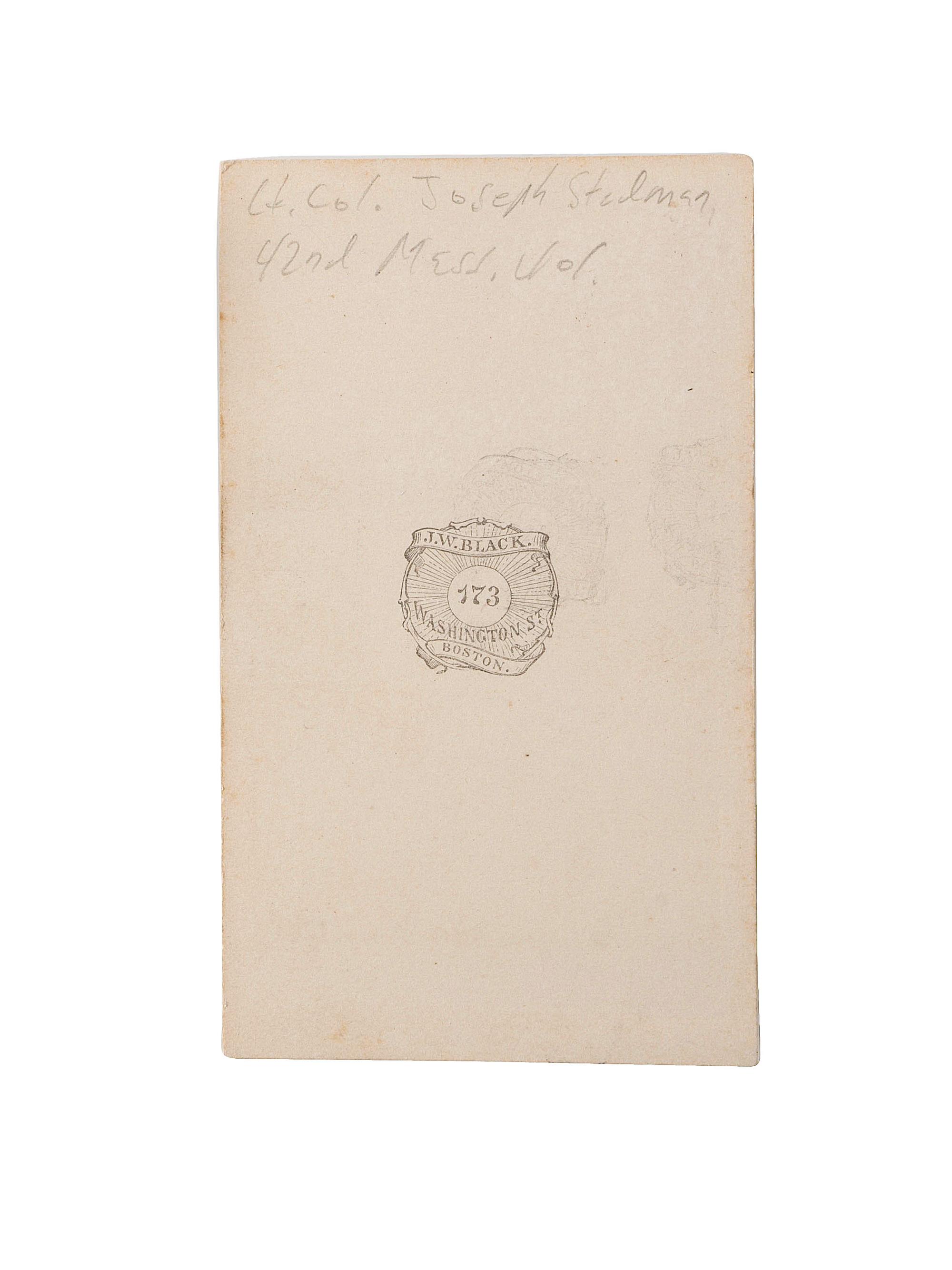 [CIVIL WAR]. CDV and leather haversack identified to Union Lieutenant Colonel Joseph Stedman, 42nd Massachusetts Regiment Volunteer Militia. Previously acquired from the Property of Norm Flayderman.