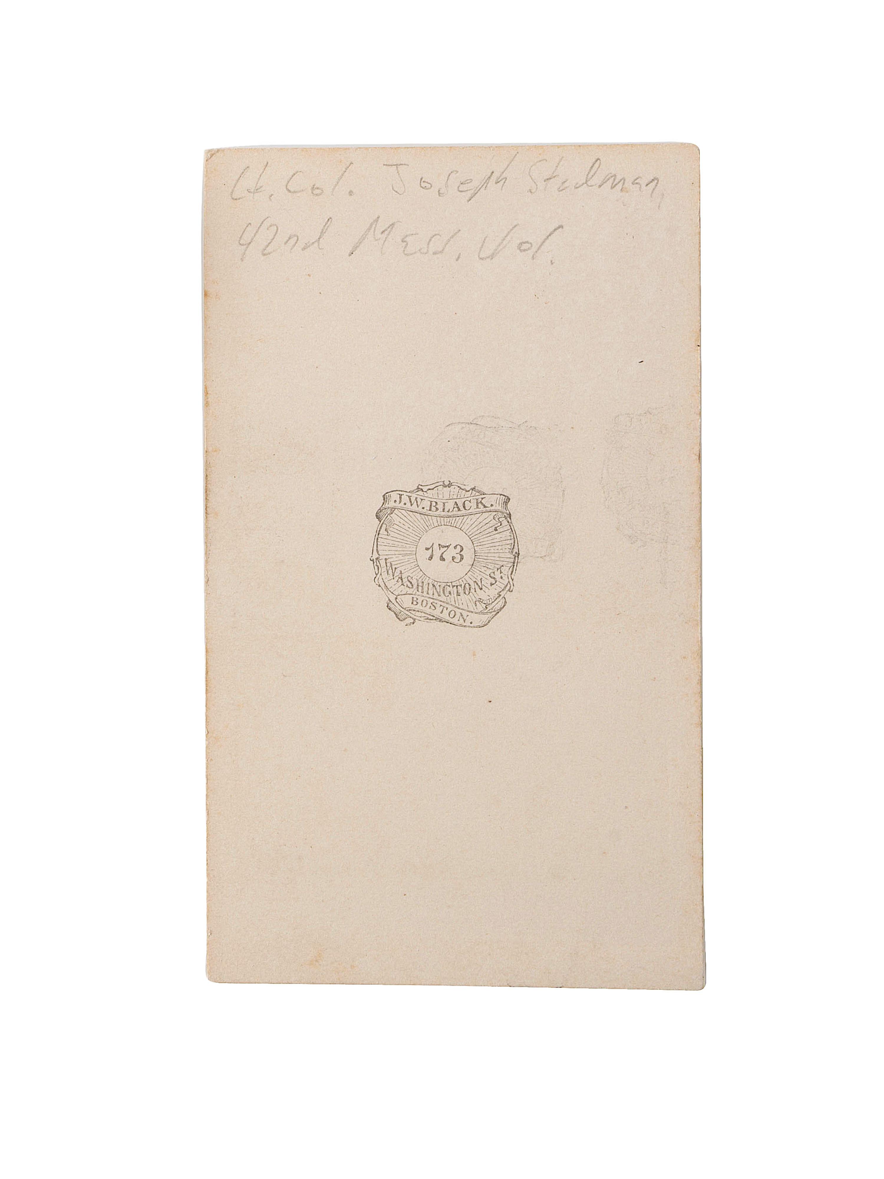 [CIVIL WAR]. CDV and leather haversack identified to Union Lieutenant Colonel Joseph Stedman, 42nd Massachusetts Regiment Volunteer Militia. Previously acquired from the Property of Norm Flayderman.