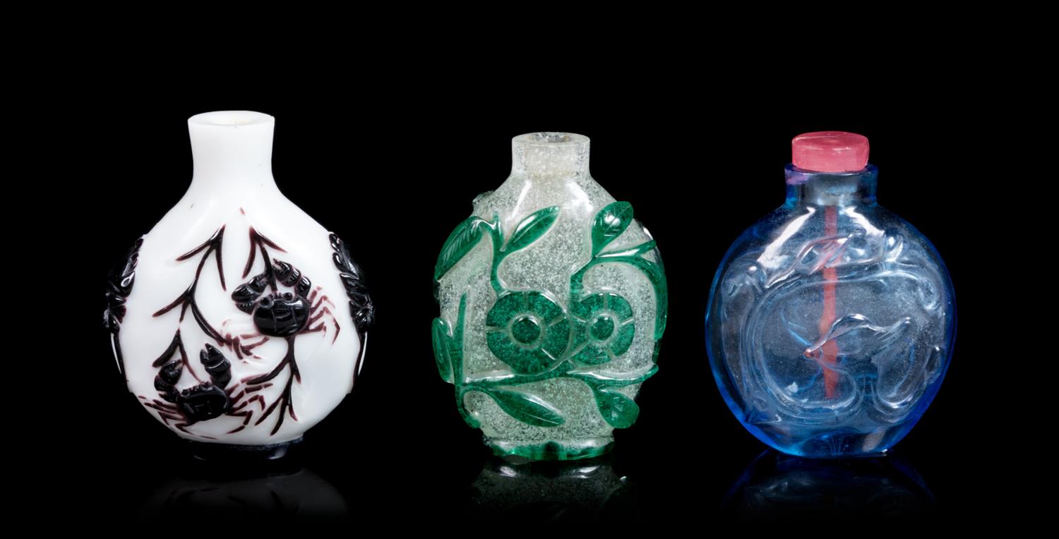 Five Chinese Peking Glass Snuff Bottles Height of tallest 2 1/2 inches. — 19TH-20TH CENTURY