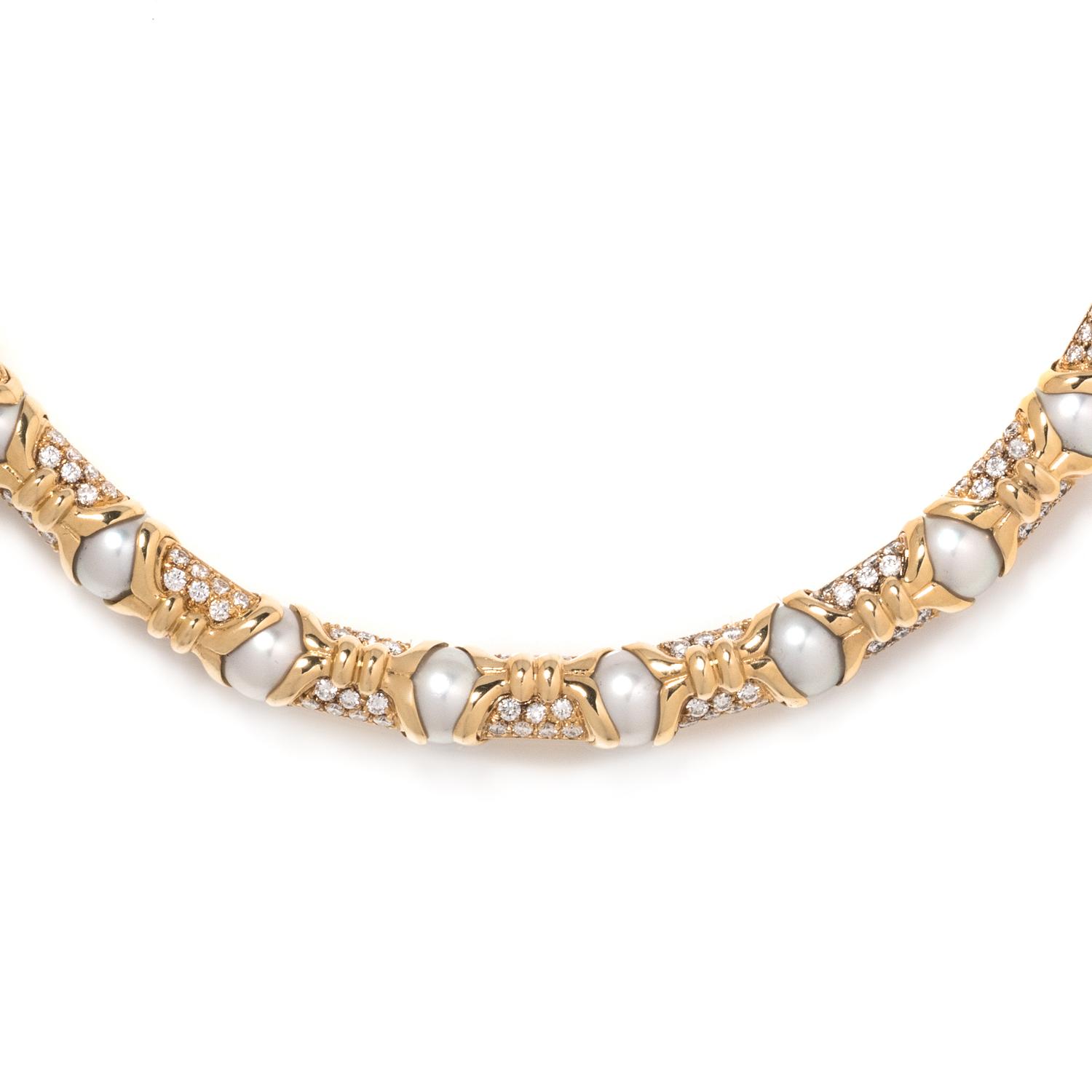 BVLGARI, YELLOW GOLD, DIAMOND AND CULTURED PEARL NECKLACE