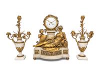 A French Gilt Bronze and Marble Clock Garniture
