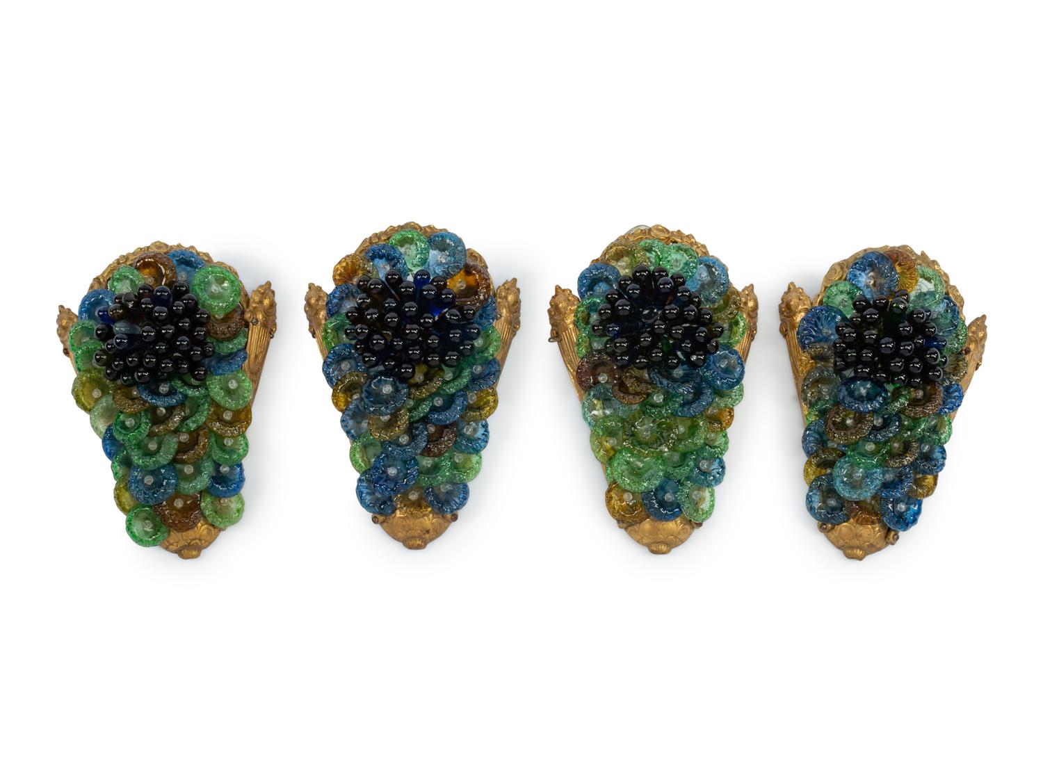 A Set of Four Art Deco Style Gilt Metal and Colored Glass Sconces