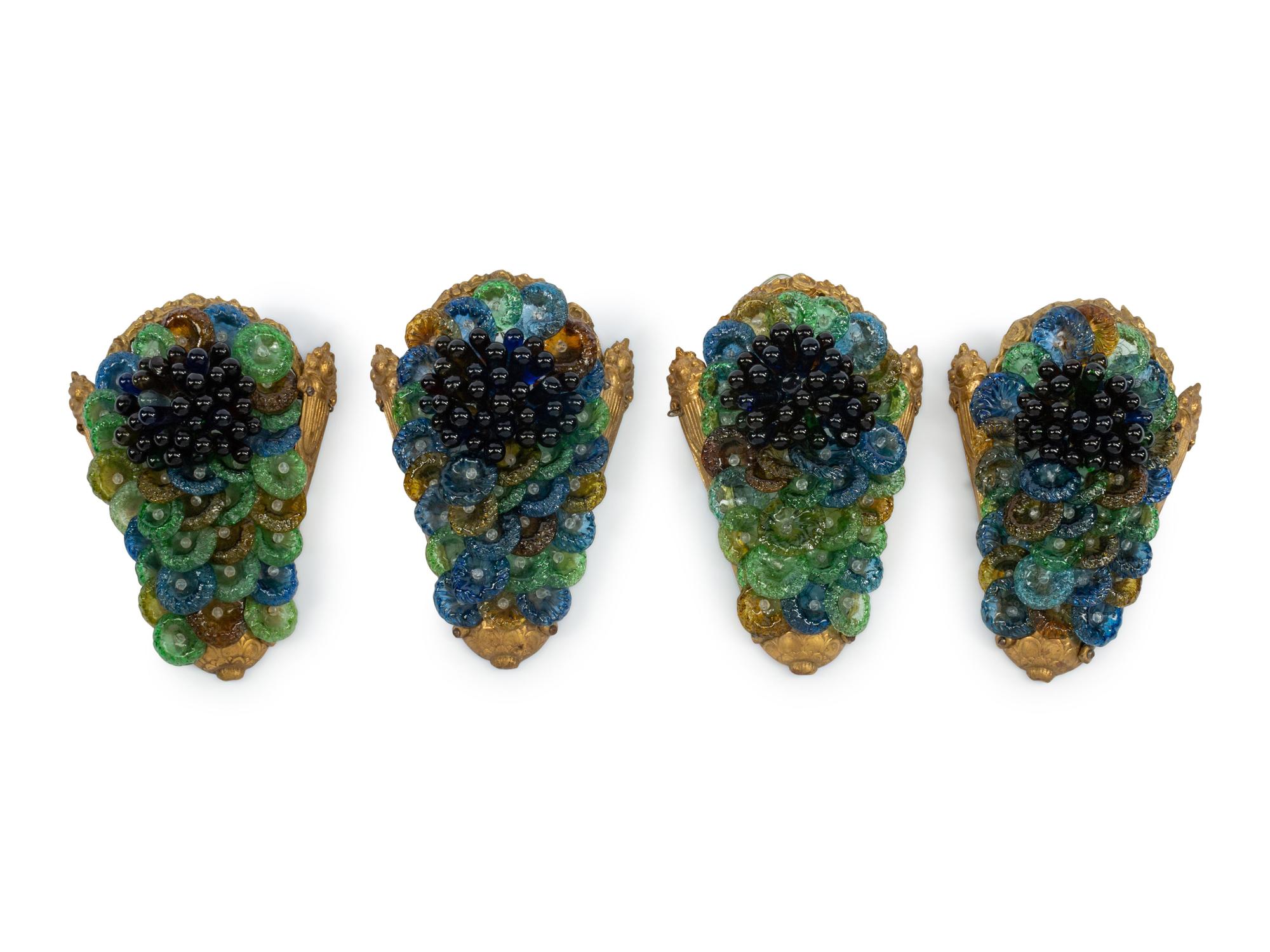 A Set of Four Art Deco Style Gilt Metal and Colored Glass Sconces