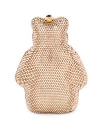 A Kathrine Baumann Gold Crystal Bear Minaudiere, 6" H x 5" W x 3" D.
