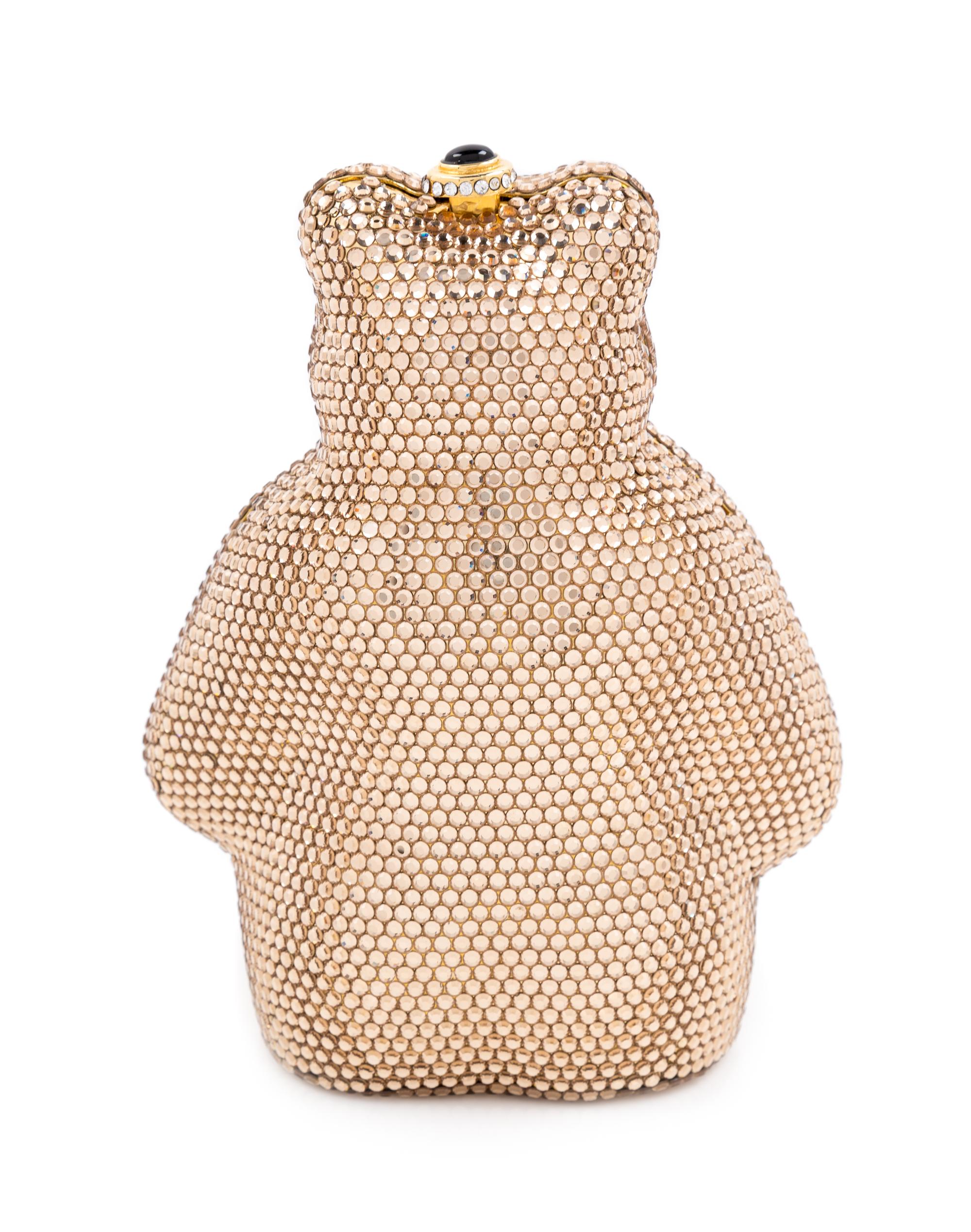 A Kathrine Baumann Gold Crystal Bear Minaudiere, 6" H x 5" W x 3" D.