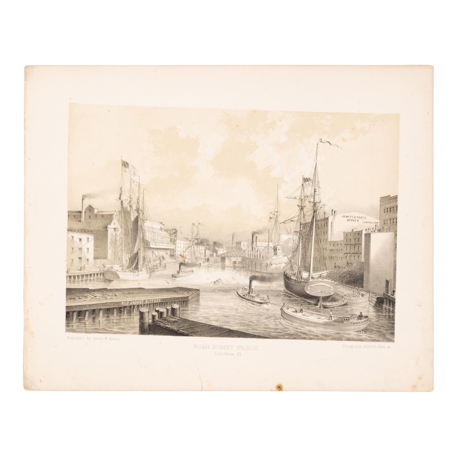 [Chicago Fire]. A group of 10 prints and 2 paintings, showing views of Chicago before and after the Great Fire, including: