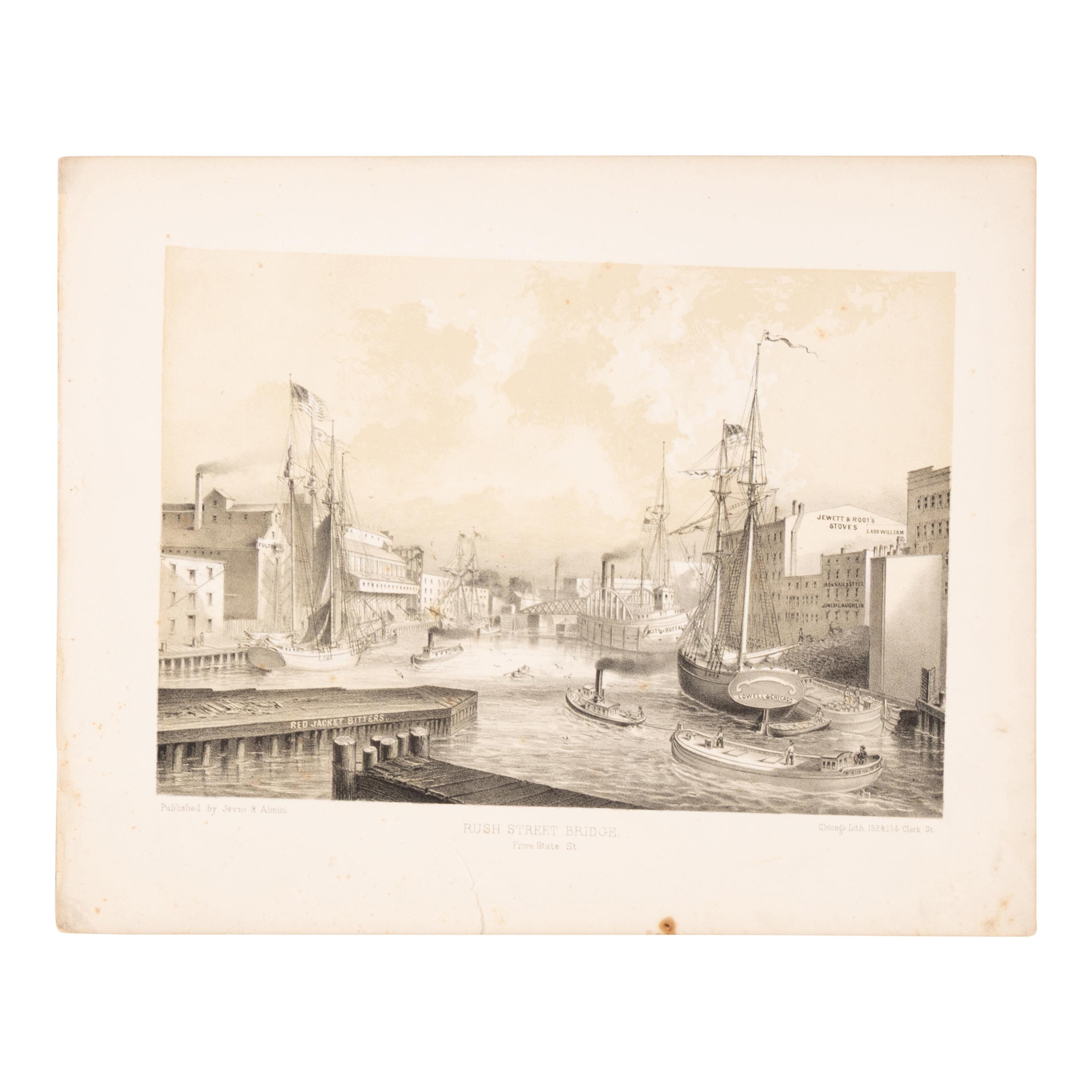 [Chicago Fire]. A group of 10 prints and 2 paintings, showing views of Chicago before and after the Great Fire, including: