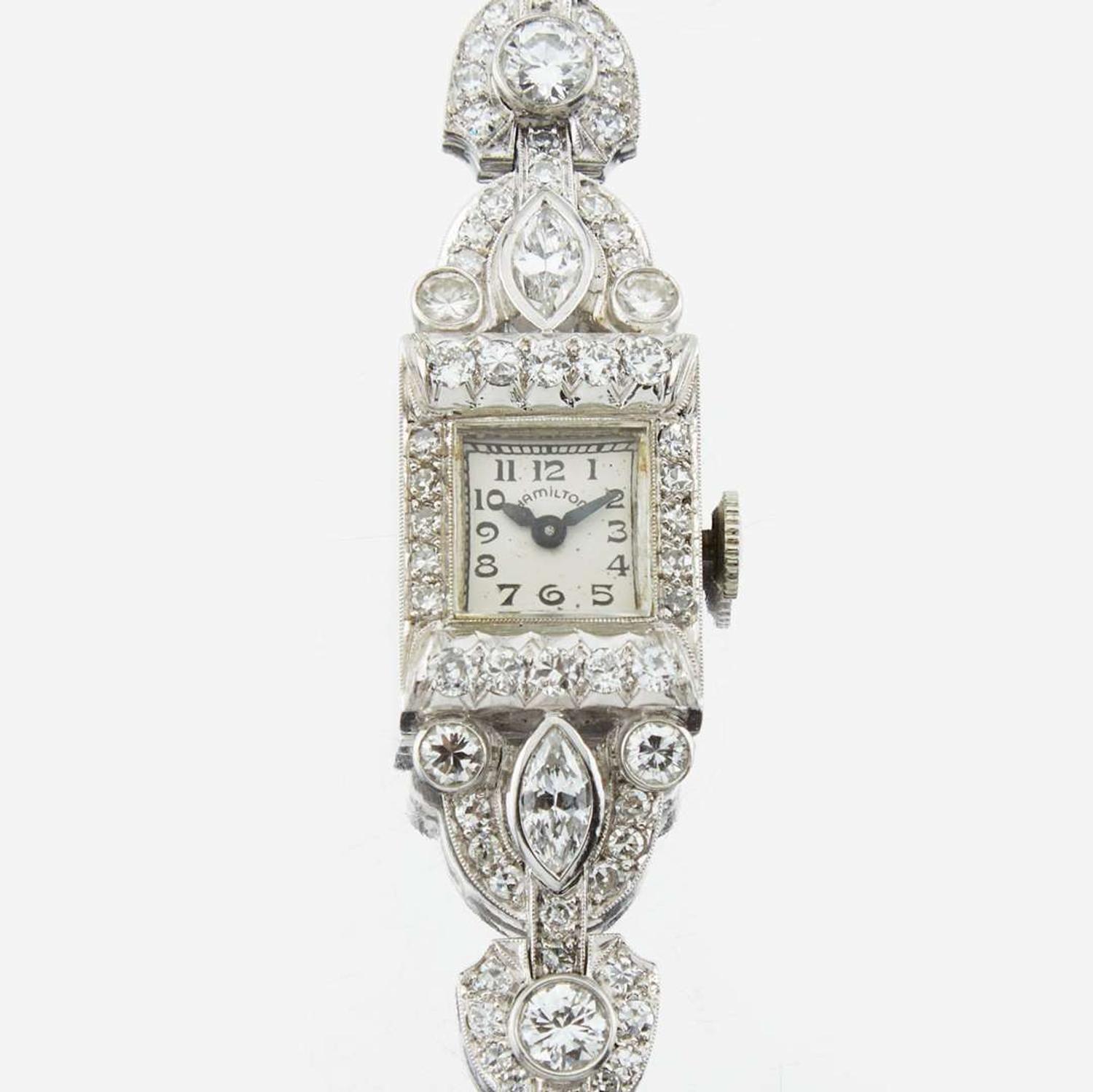 An Art Deco lady's diamond and platinum bracelet watch, Hamilton