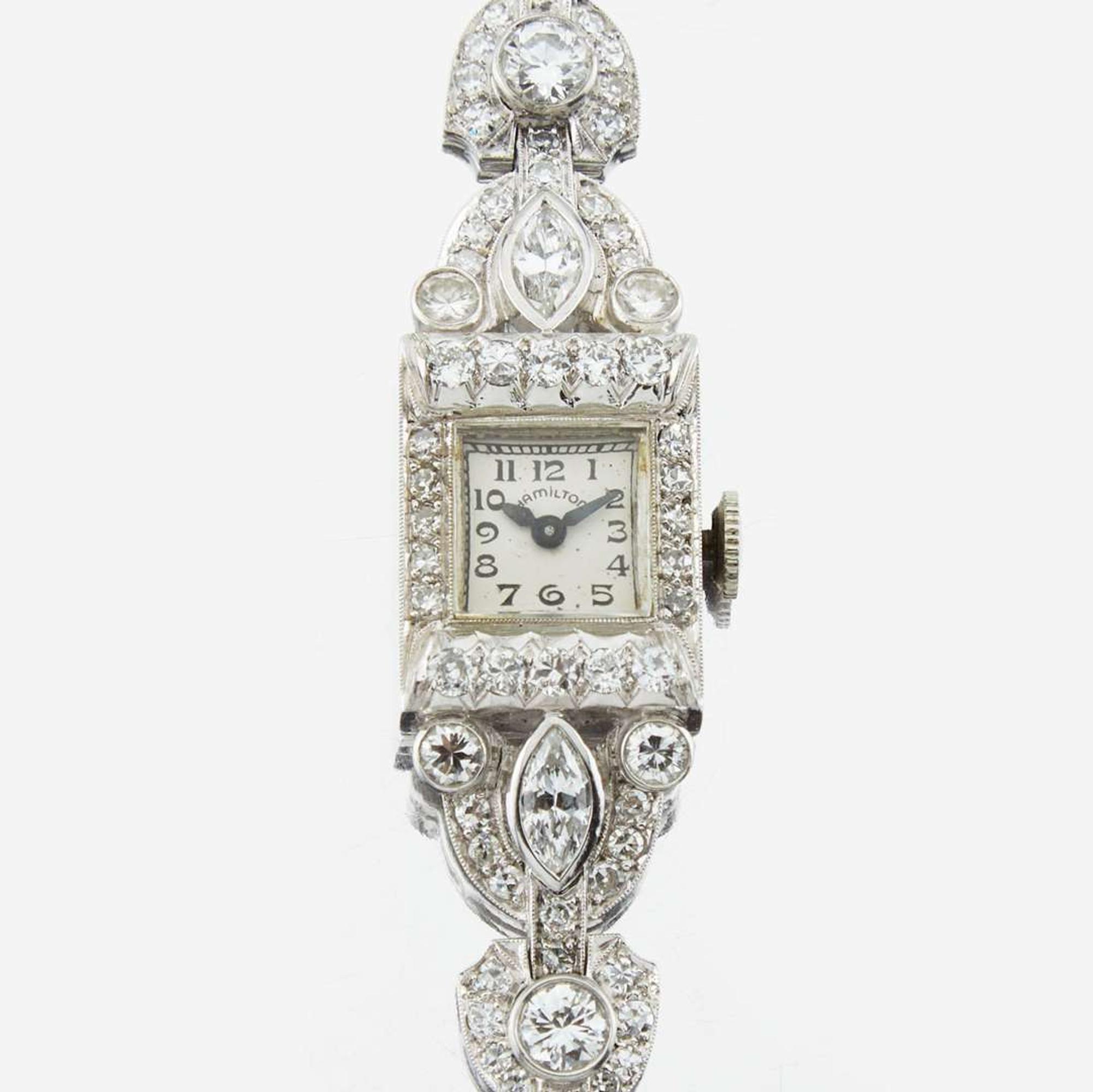 An Art Deco lady's diamond and platinum bracelet watch, Hamilton