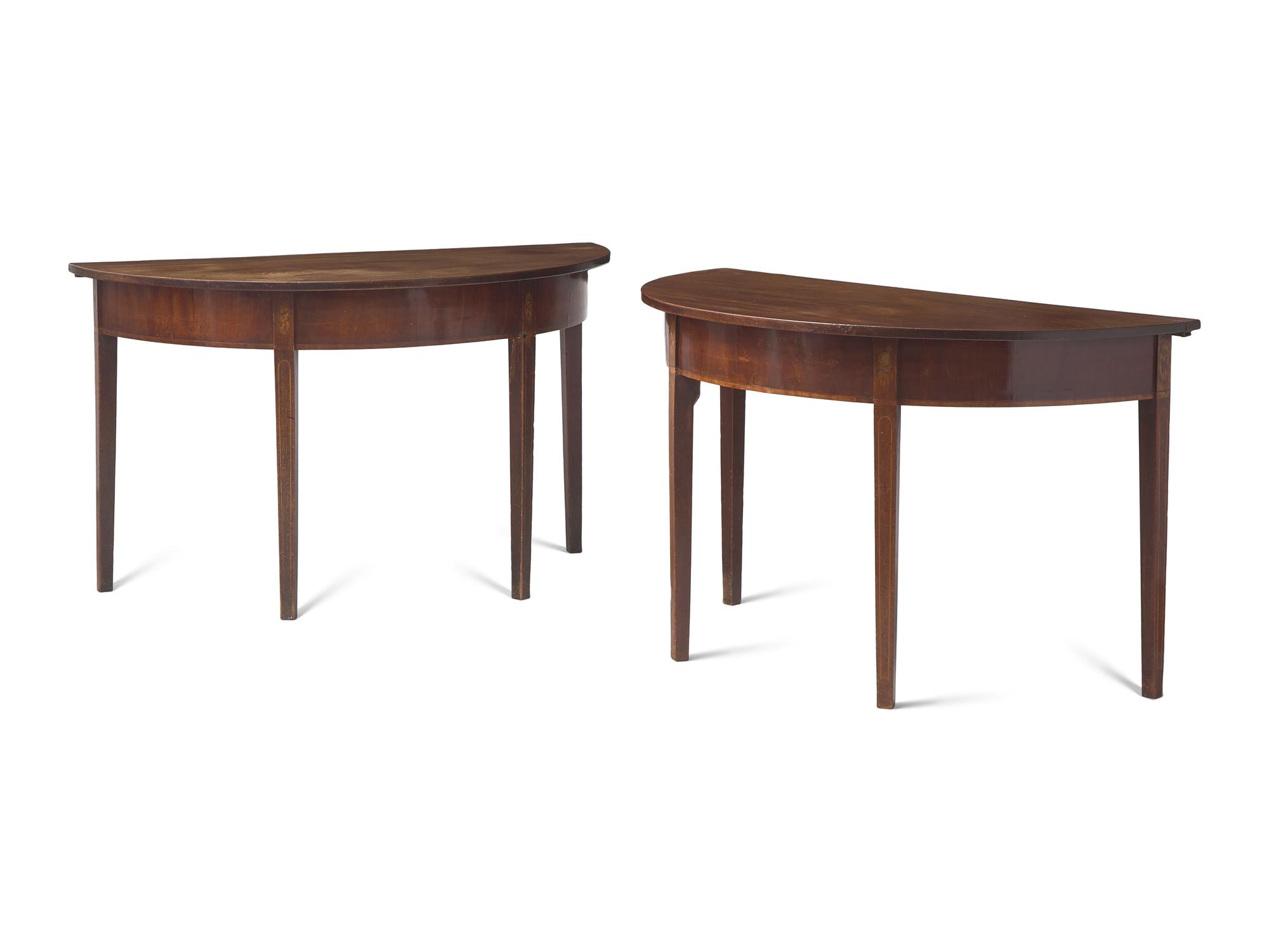 A Pair of George III Inlaid Mahogany Demilune Tables