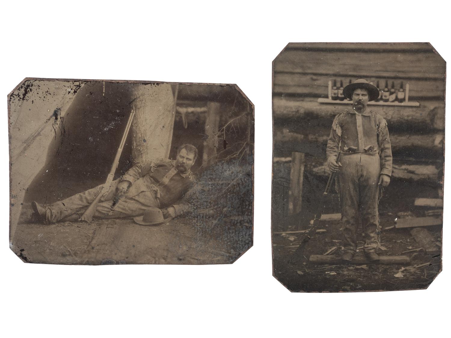 [WESTERN AMERICANA]. A group of 2 tintypes of a portly man posed with his rifle.