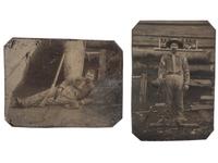 [WESTERN AMERICANA]. A group of 2 tintypes of a portly man posed with his rifle.