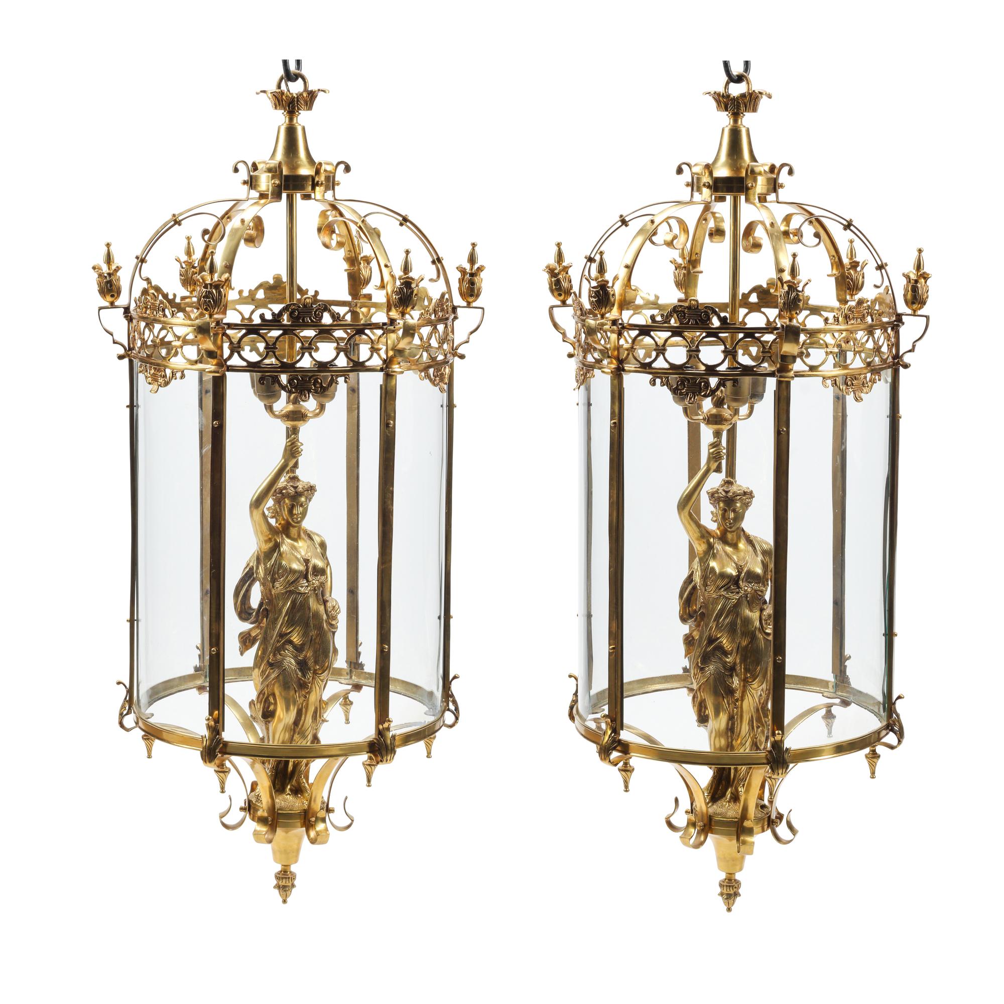 A Pair of Neoclassical Style Gilt Bronze Figural Lanterns