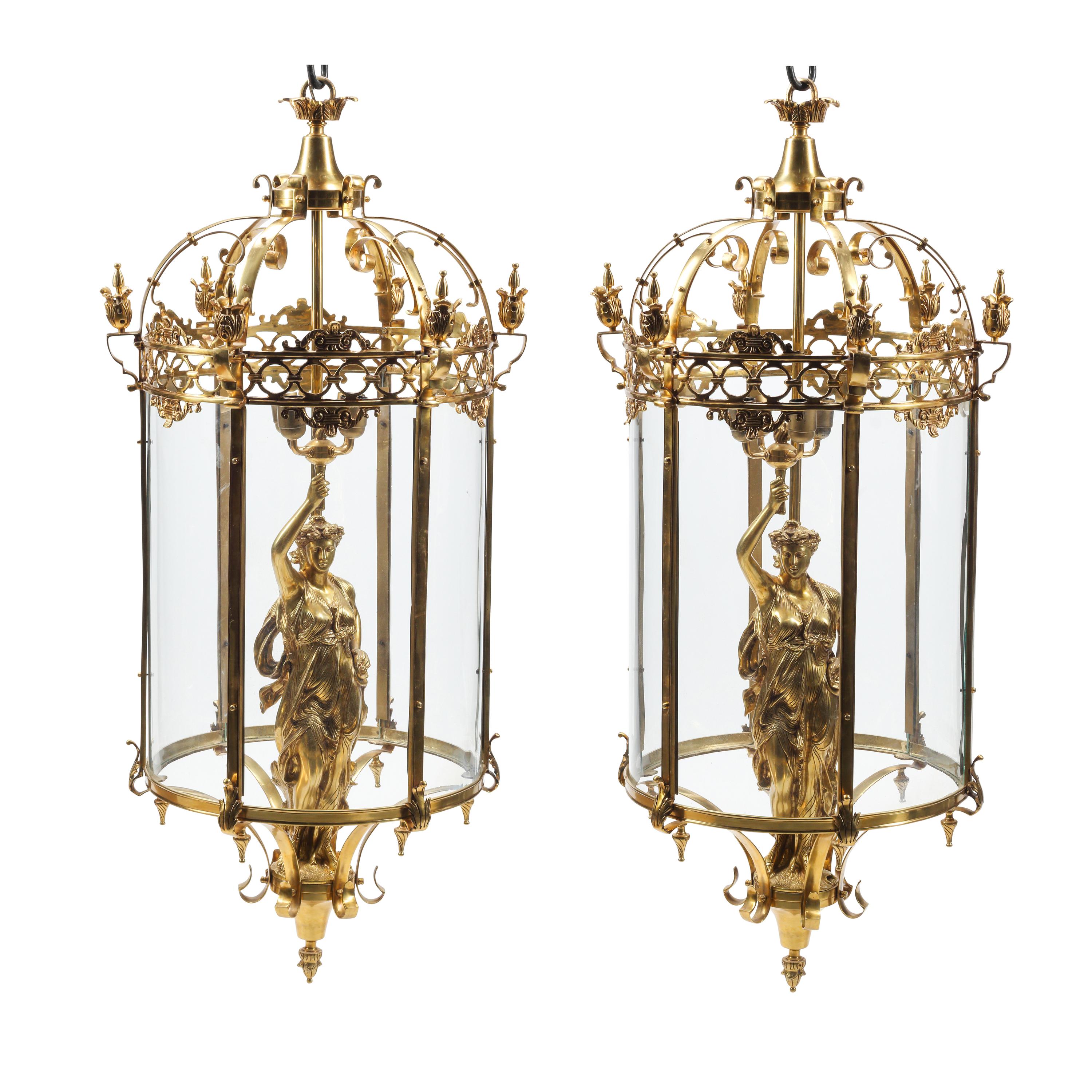 A Pair of Neoclassical Style Gilt Bronze Figural Lanterns
