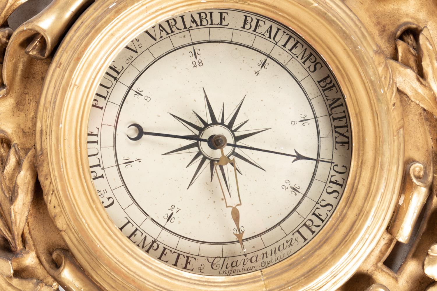 A Louis XV Style Carved Giltwood Barometer and Thermometer