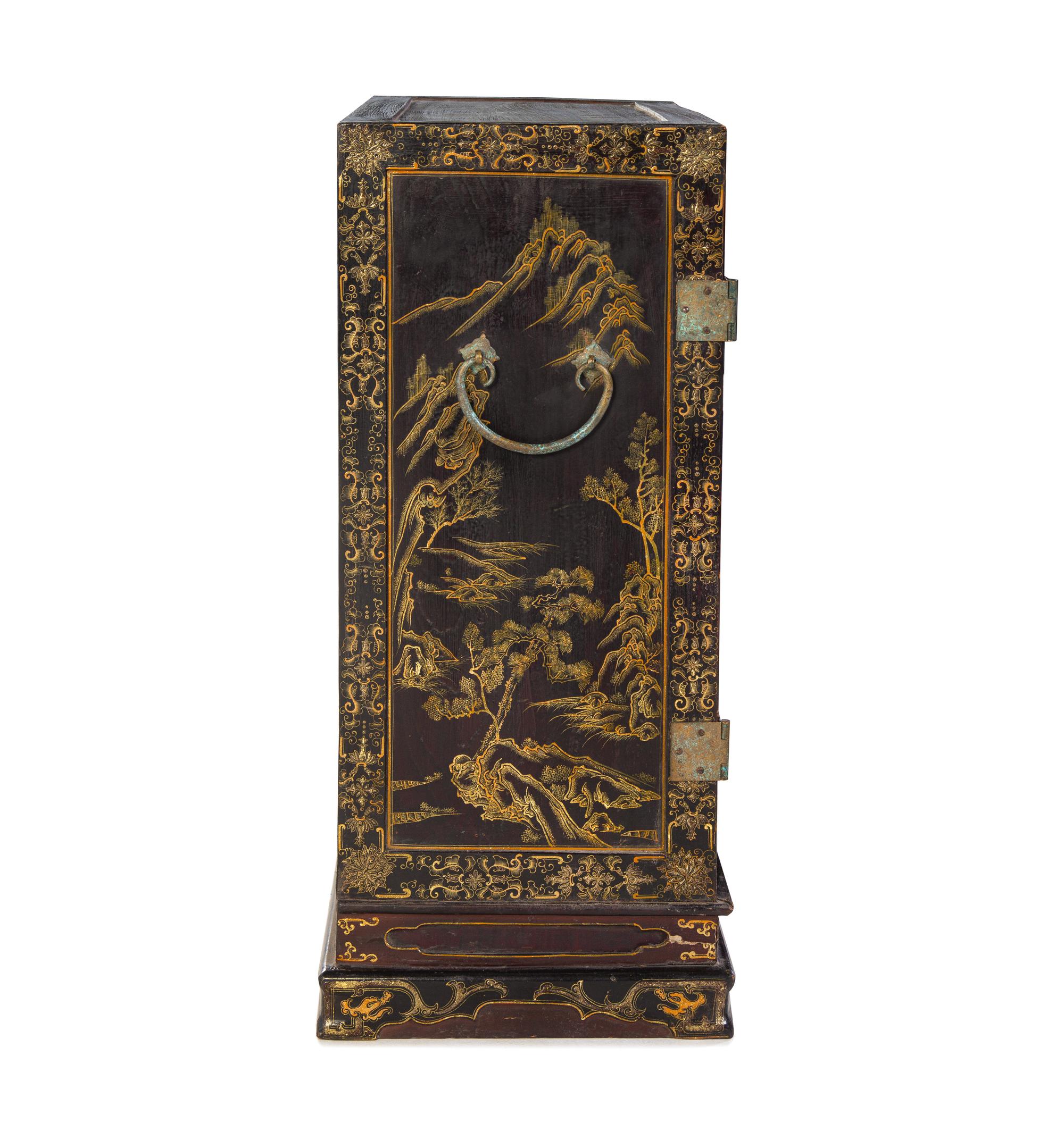 A Polychrome and Gilt Lacquered ‘Landscape’ Kang Cabinet