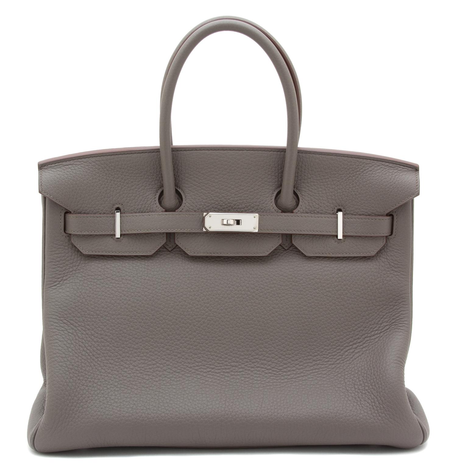 An Hermes Etain Taurillon Clemence 35cm Birkin Handbag, 14" x 10" x 7"; Handle top: 4".