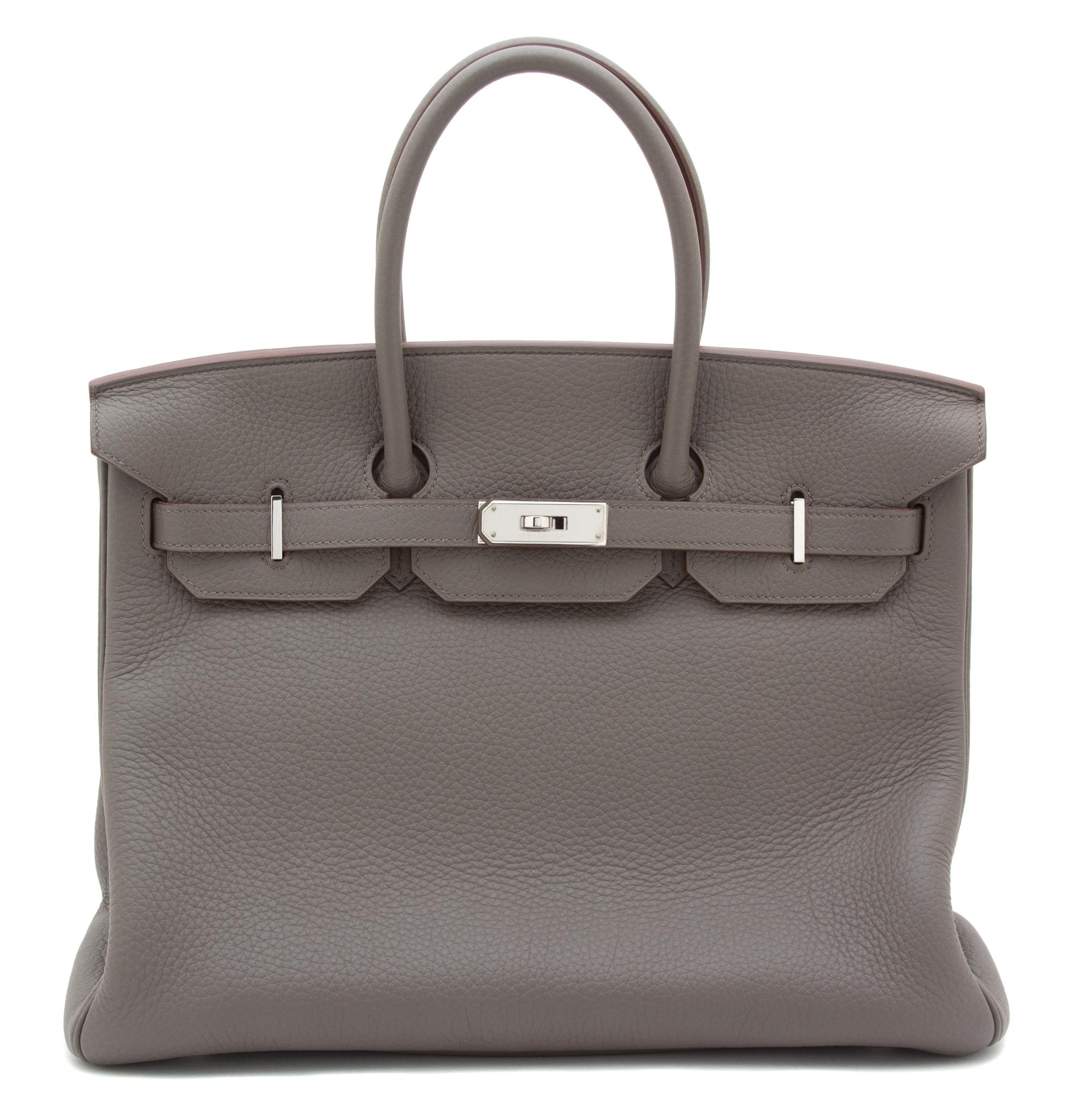 An Hermes Etain Taurillon Clemence 35cm Birkin Handbag, 14" x 10" x 7"; Handle top: 4".