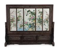A Chinese Porcelain-Inset Hardwood Floor Screen