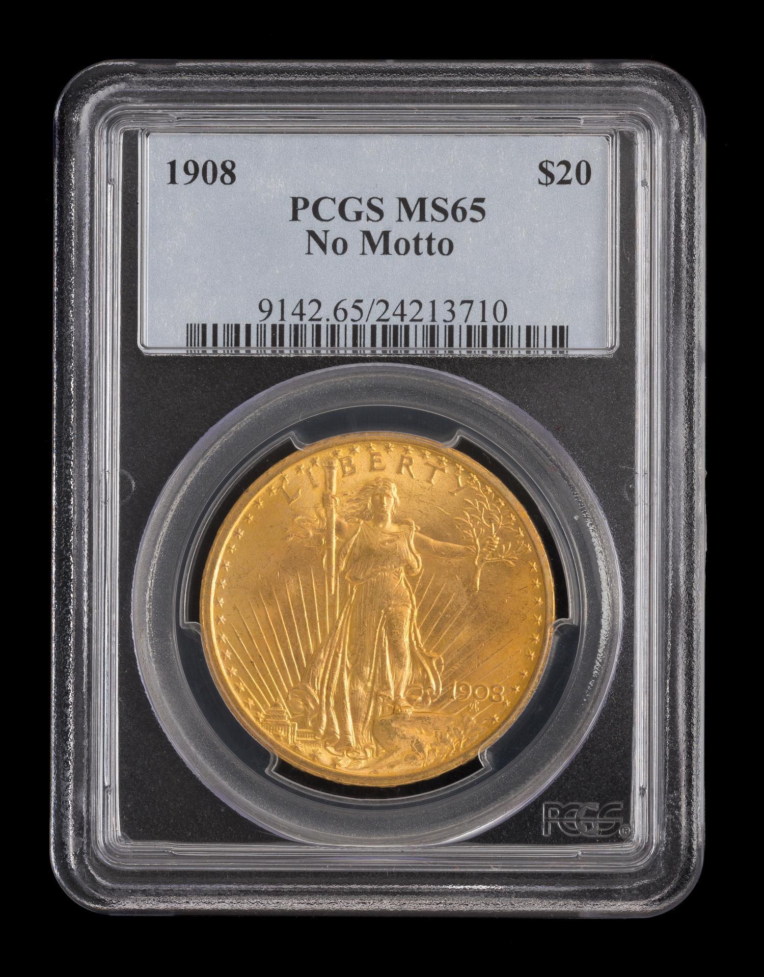 A United States 1908 Saint-Gaudens: No Motto $20 Gold Coin