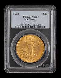 A United States 1908 Saint-Gaudens: No Motto $20 Gold Coin