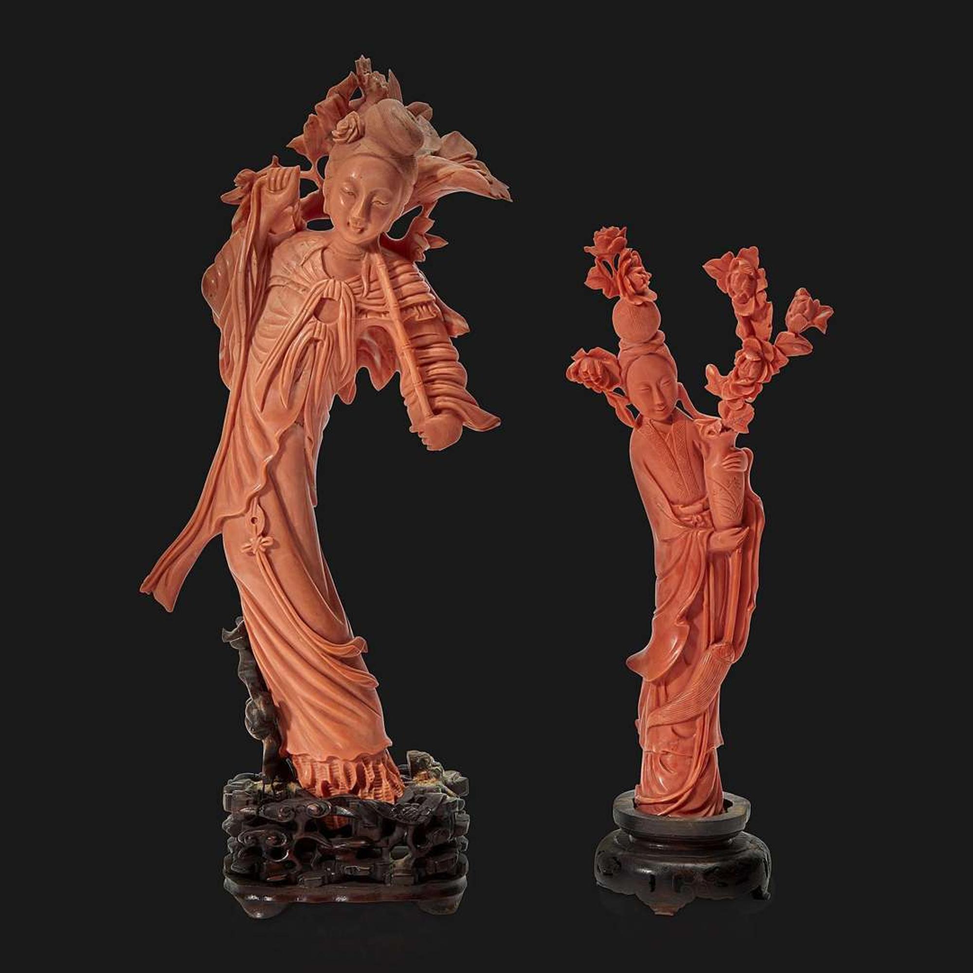 Two Chinese carved coral meiren