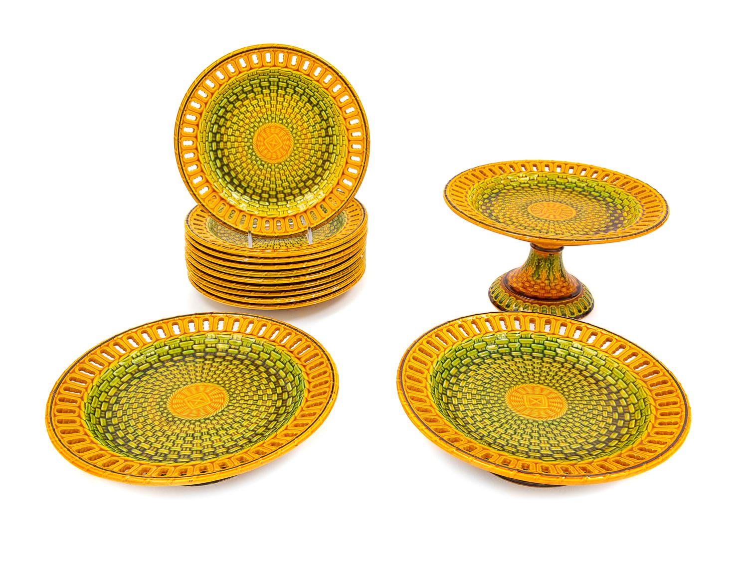 An English Majolica Basketweave Dessert Service