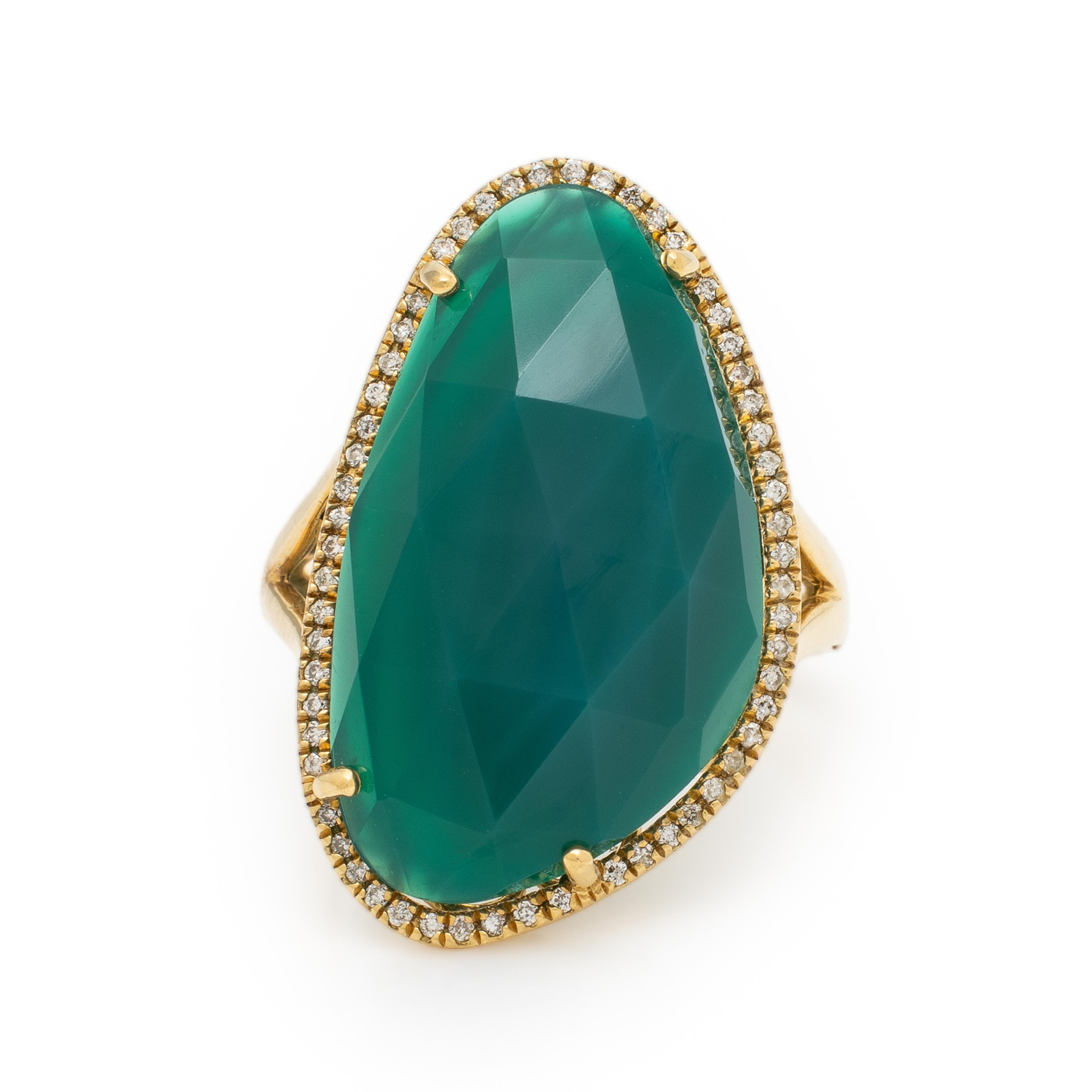 Green Chalcedony, Diamond, and Yellow Gold Ring