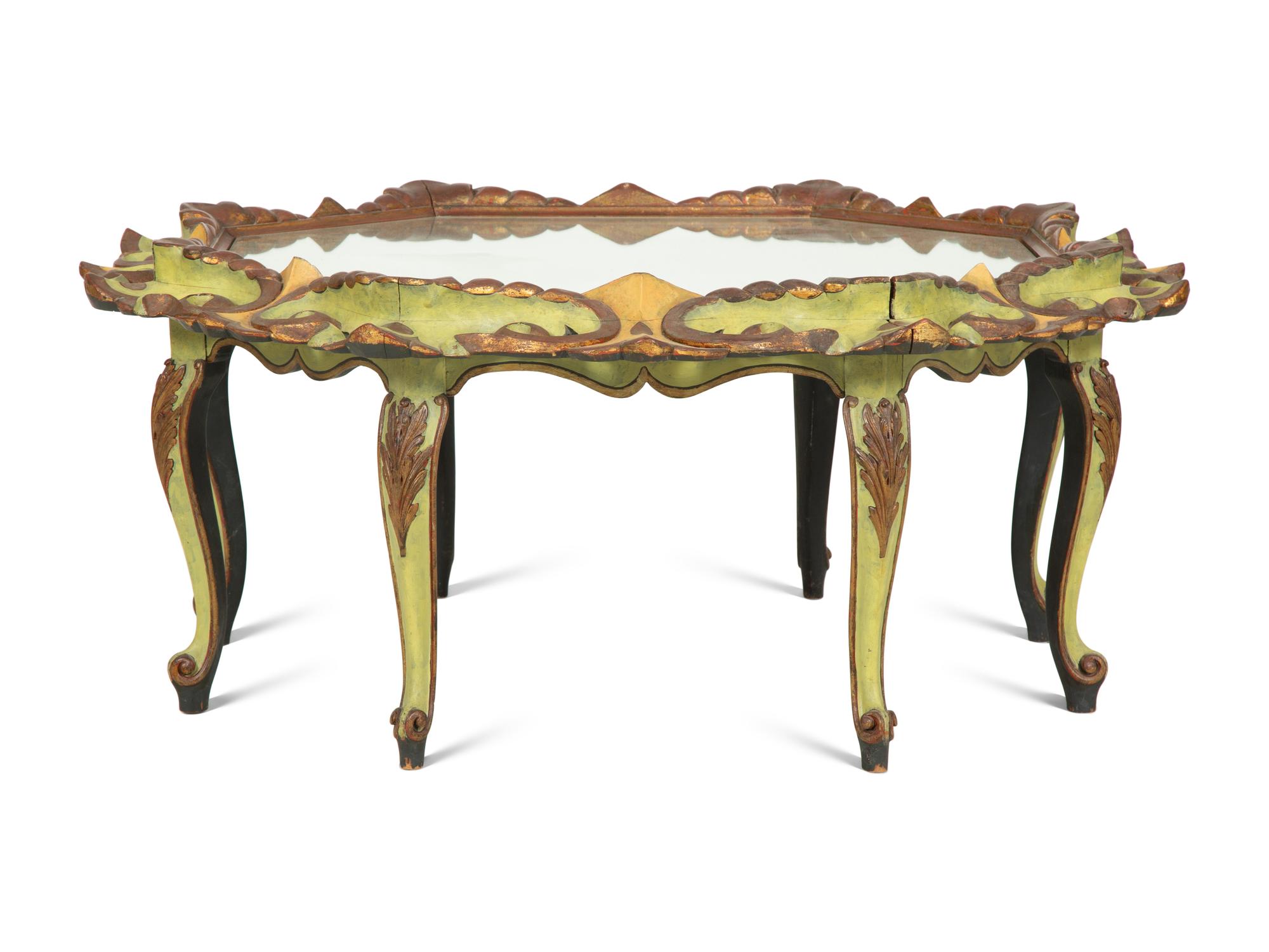 An Italian Painted Low Coffee Table with Mirror Inset Top
