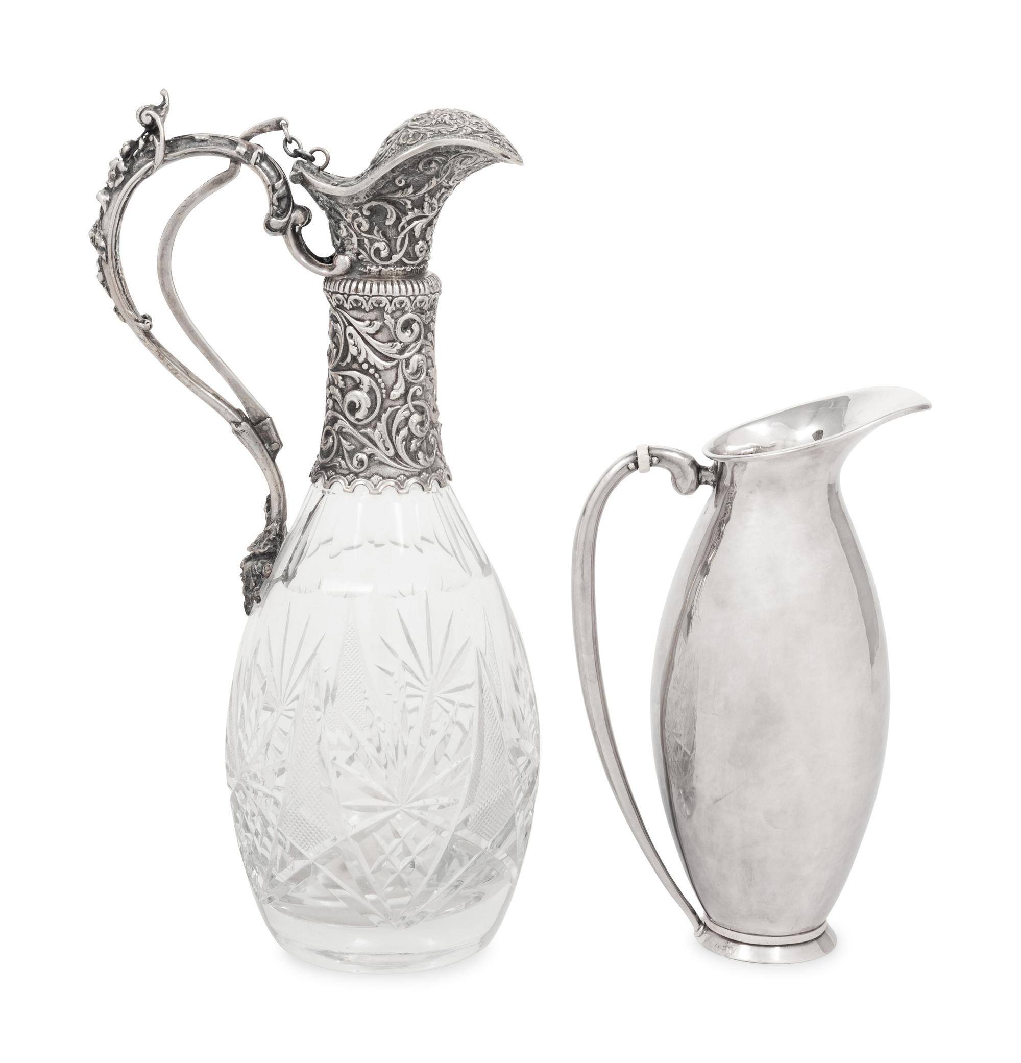A Silver Mounted Cut Glass Claret Jug and a Danish Silver Pitcher