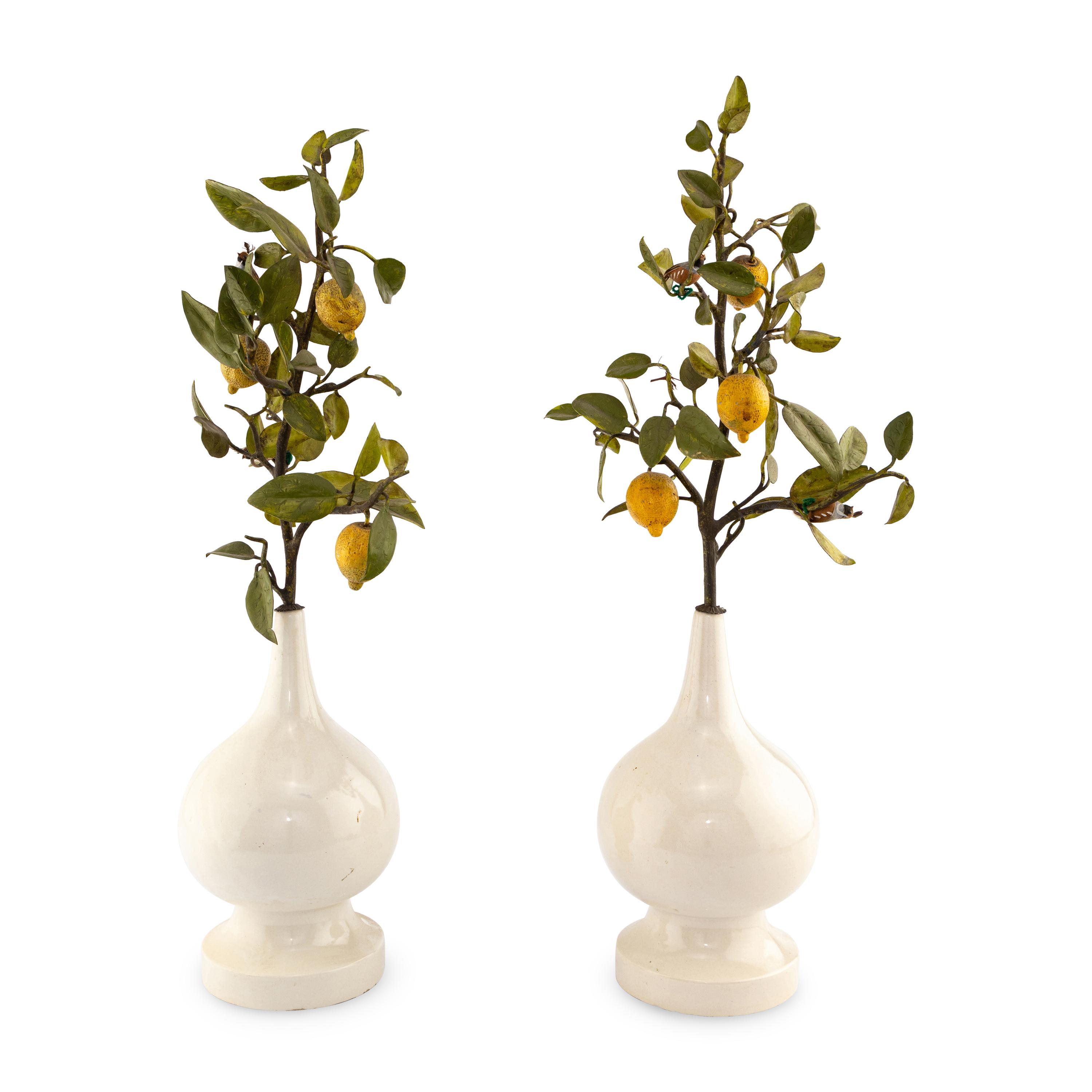 A Pair of White Glazed Earthenware Vases with Painted Tôle Models of Lemon Branches