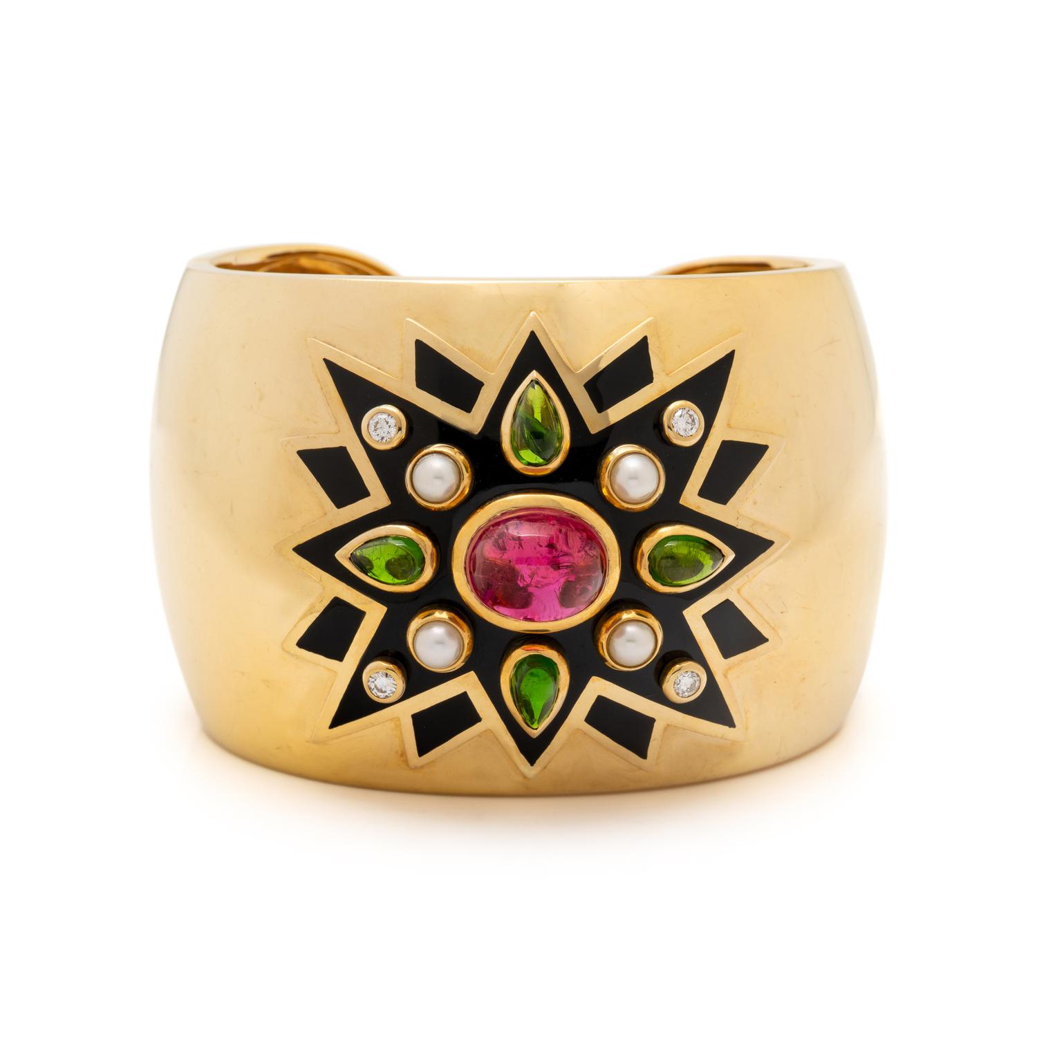 PINK AND GREEN TOURMALINE, CULTURED PEARL, DIAMOND, ENAMEL, AND YELLOW GOLD CUFF BRACELET