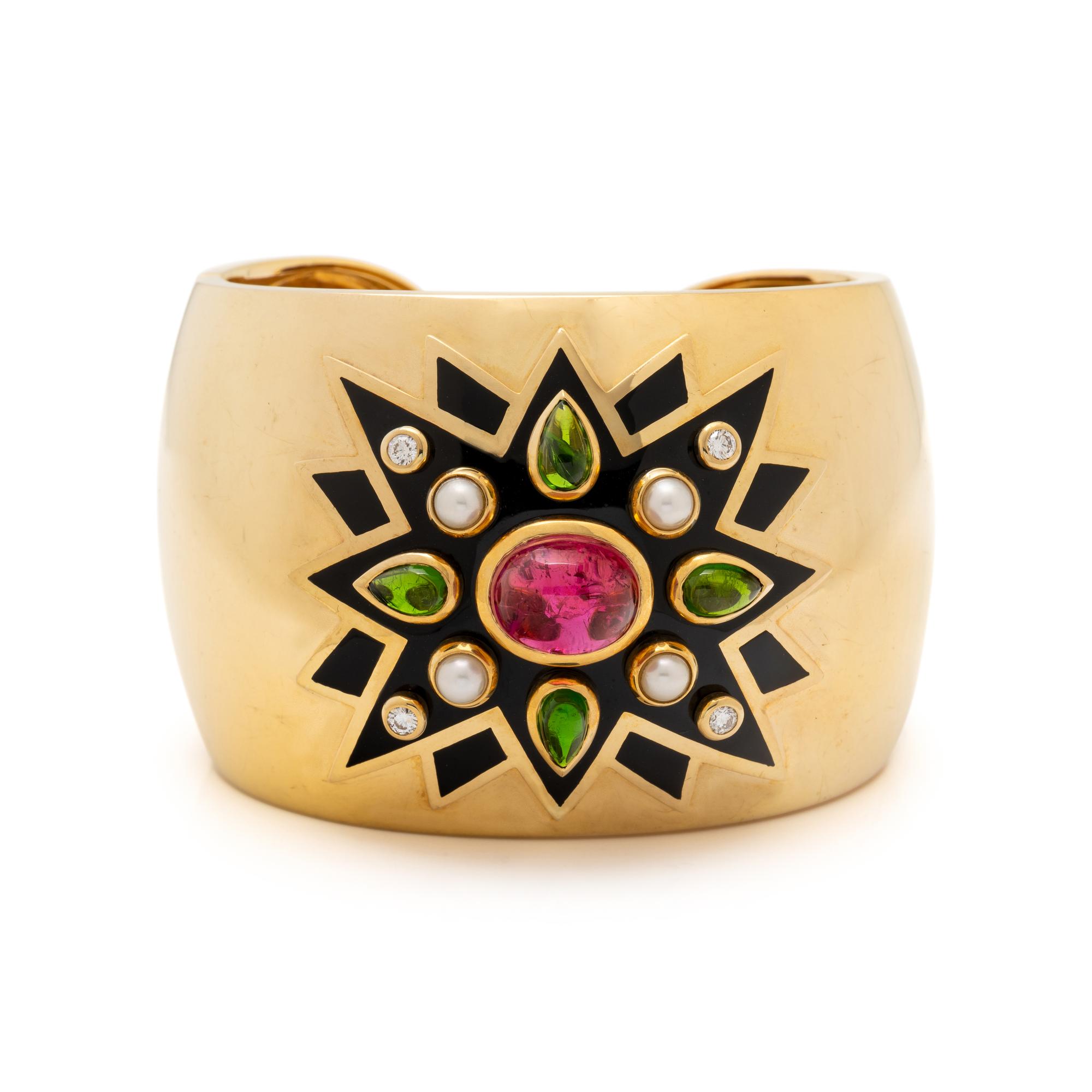 PINK AND GREEN TOURMALINE, CULTURED PEARL, DIAMOND, ENAMEL, AND YELLOW GOLD CUFF BRACELET