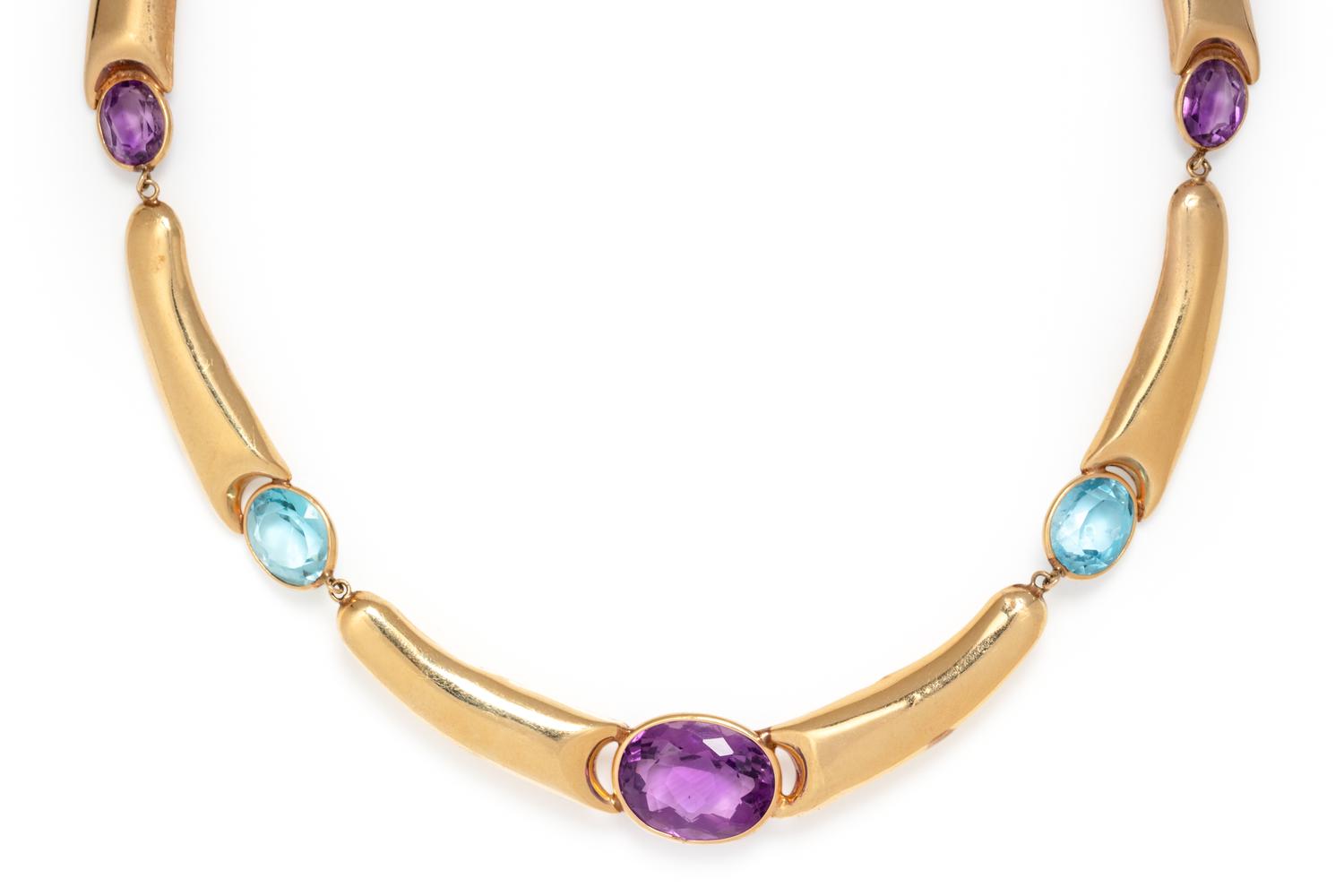 YELLOW GOLD, AMETHYST AND BLUE TOPAZ NECKLACE