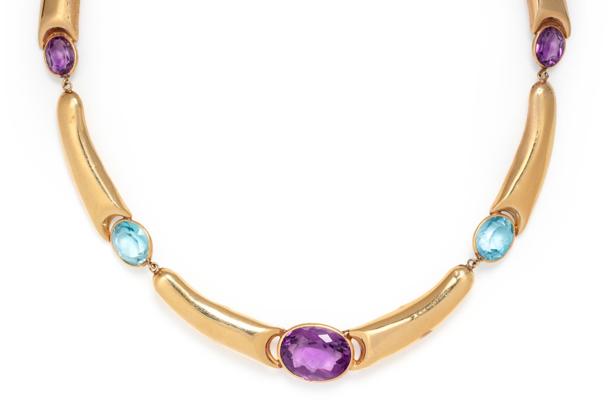 YELLOW GOLD, AMETHYST AND BLUE TOPAZ NECKLACE