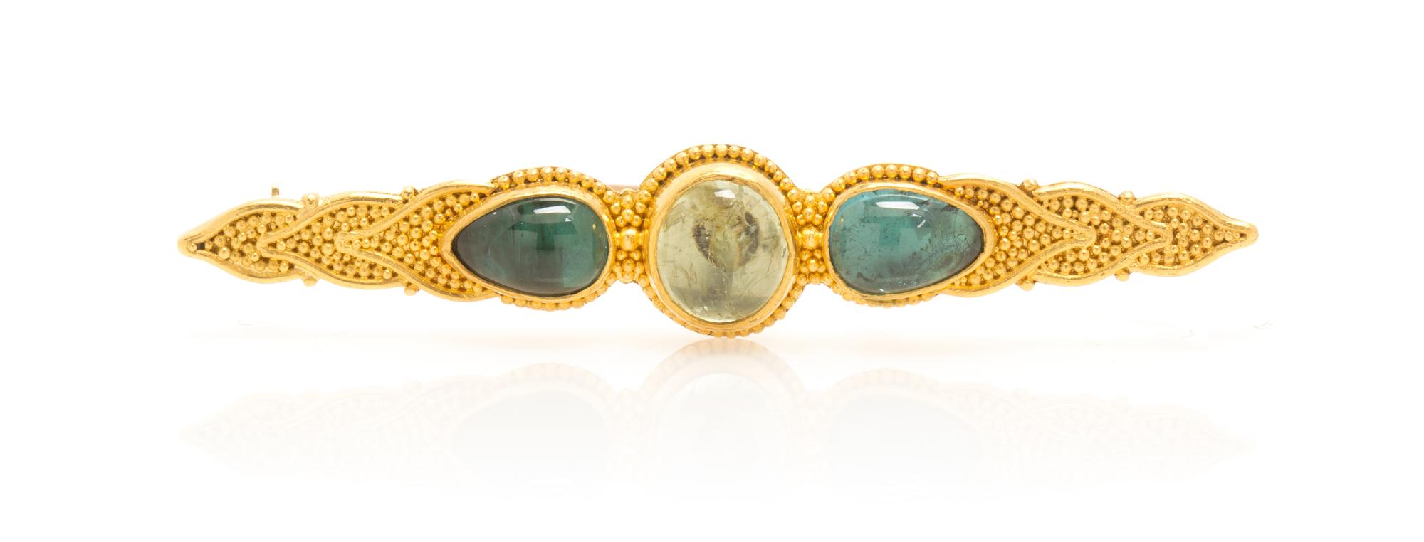 A Handmade 22 Karat Yellow Gold, Green Beryl and Tourmaline Bar Brooch, Jean Stark, 8.80 dwts.