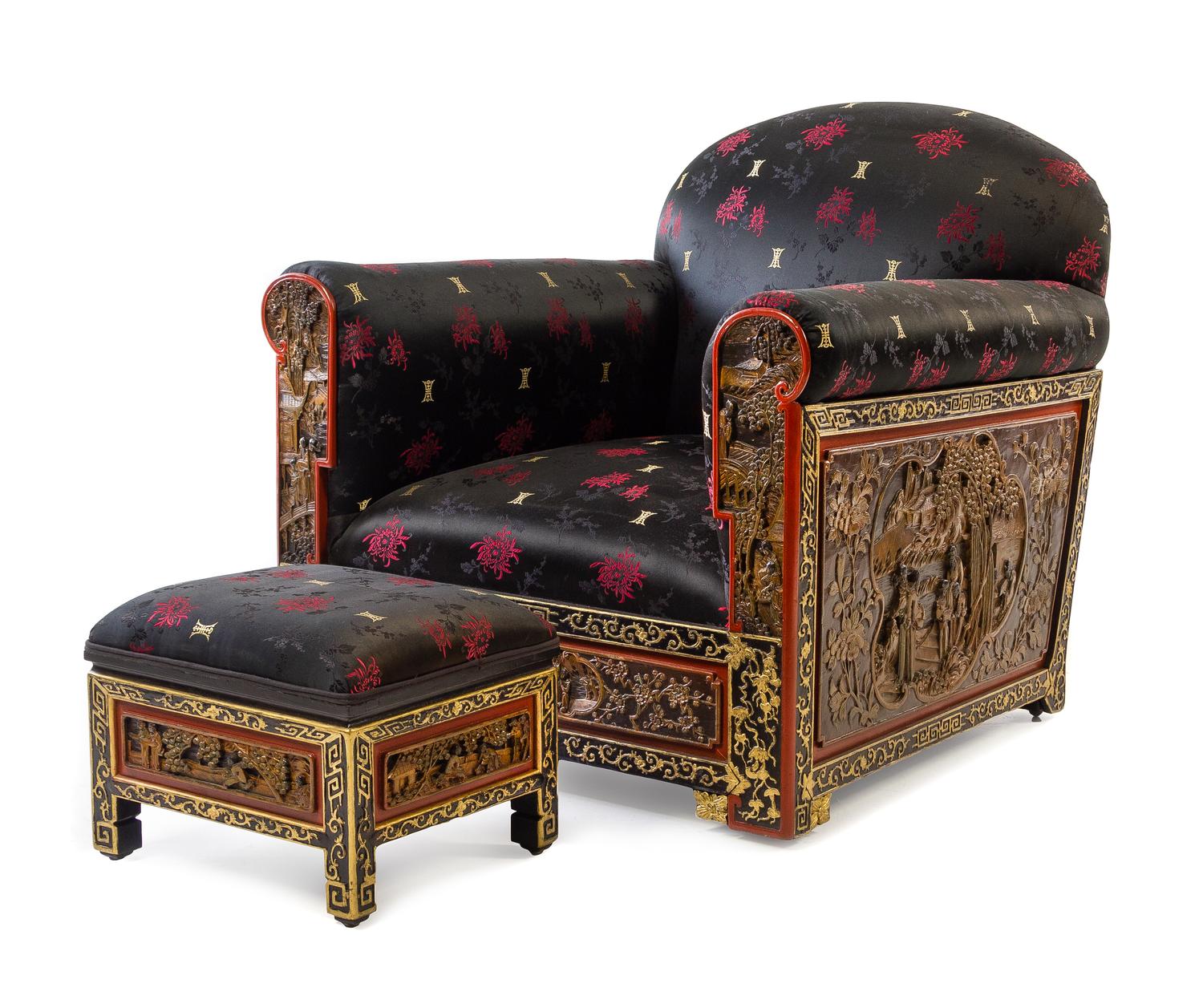 A Chinese Parcel Gilt Carved Club Chair and Ottoman Height of chair 33 inches. — FIRST HALF 20TH CENTURY