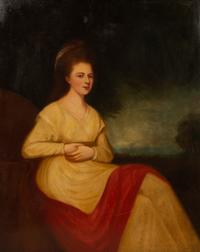 Portrait of a lady, seated three-quarter length, in a cream dress and red wrap