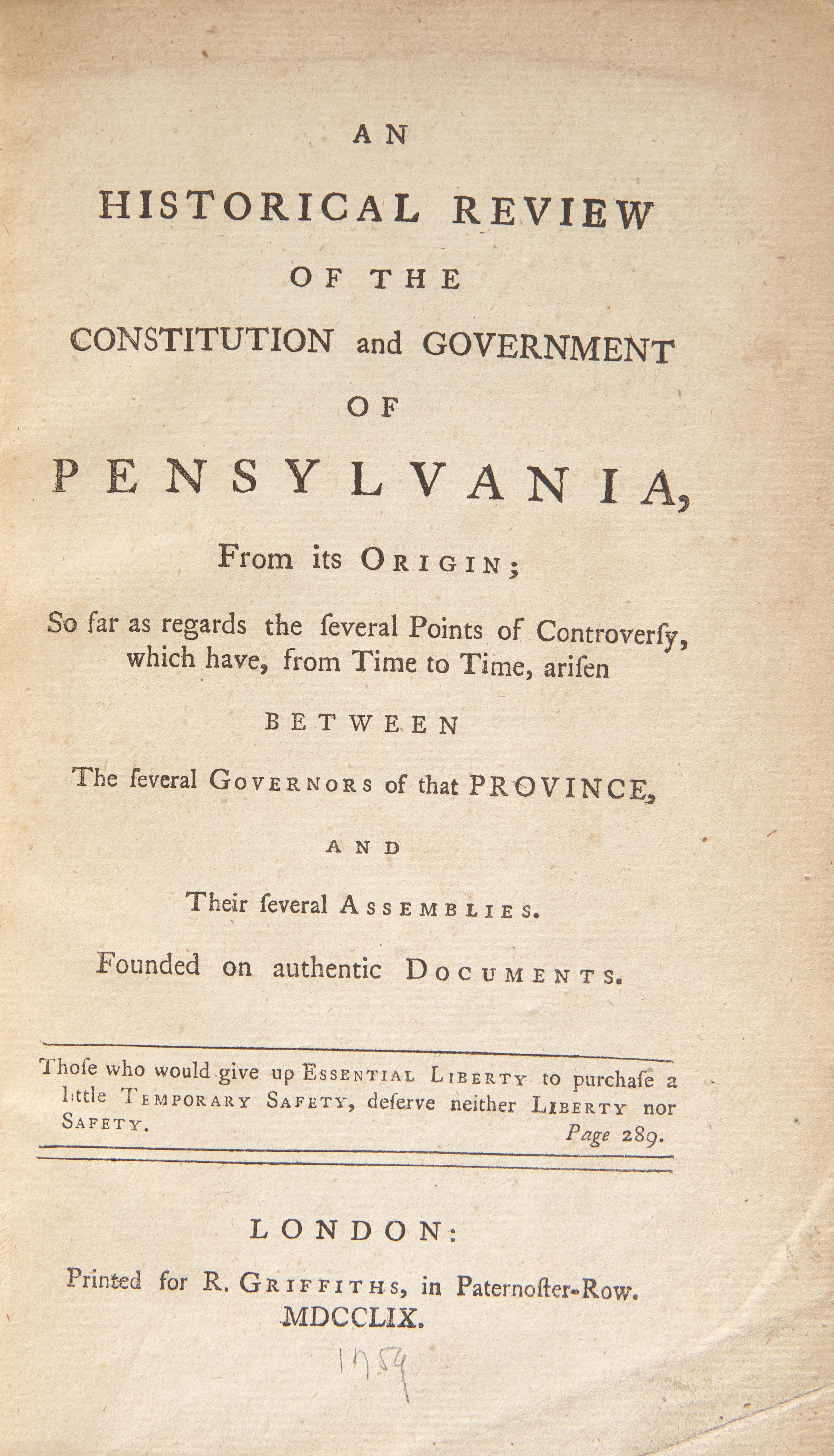 [Americana] (Franklin, Benjamin, and Richard Jackson). An Historical Review of the Constitution and Government of Pensylvania...