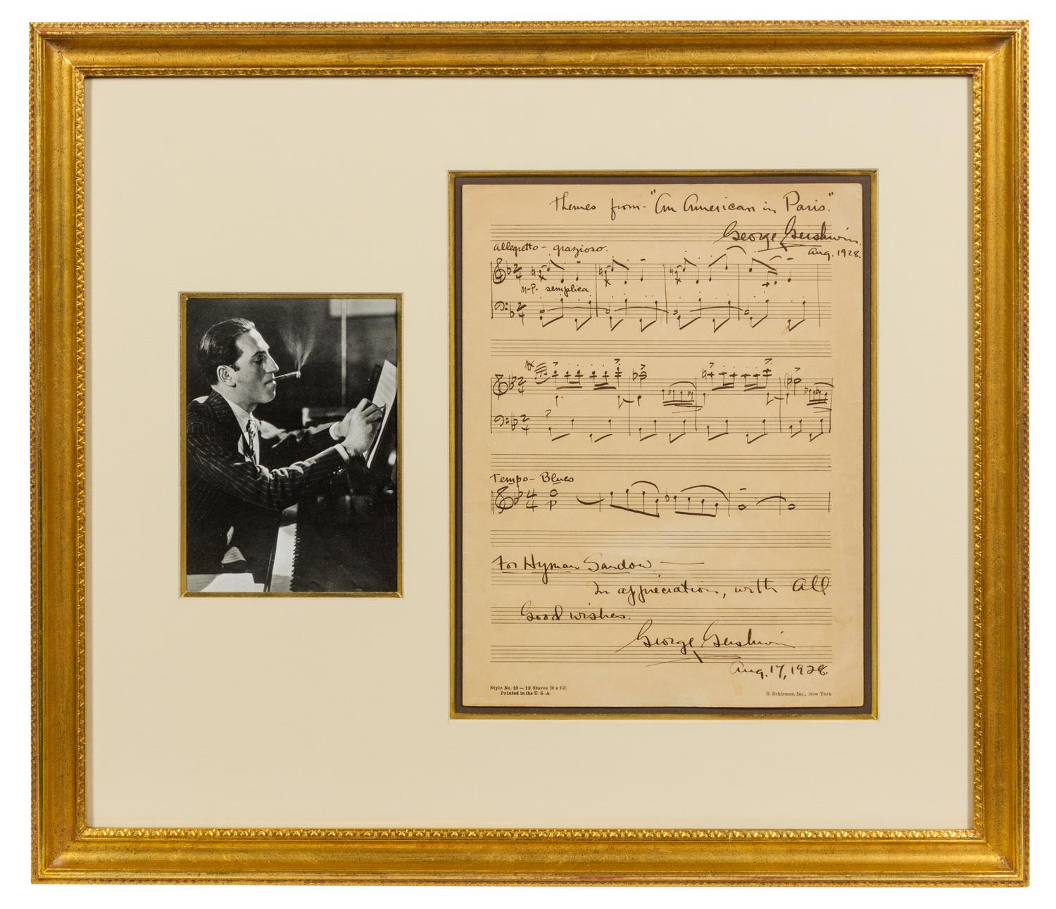 GERSHWIN, George (1898-1937). Autographed musical manuscript signed twice ("George Gershwin"), to Hyman Sandow, 17 August 1928.