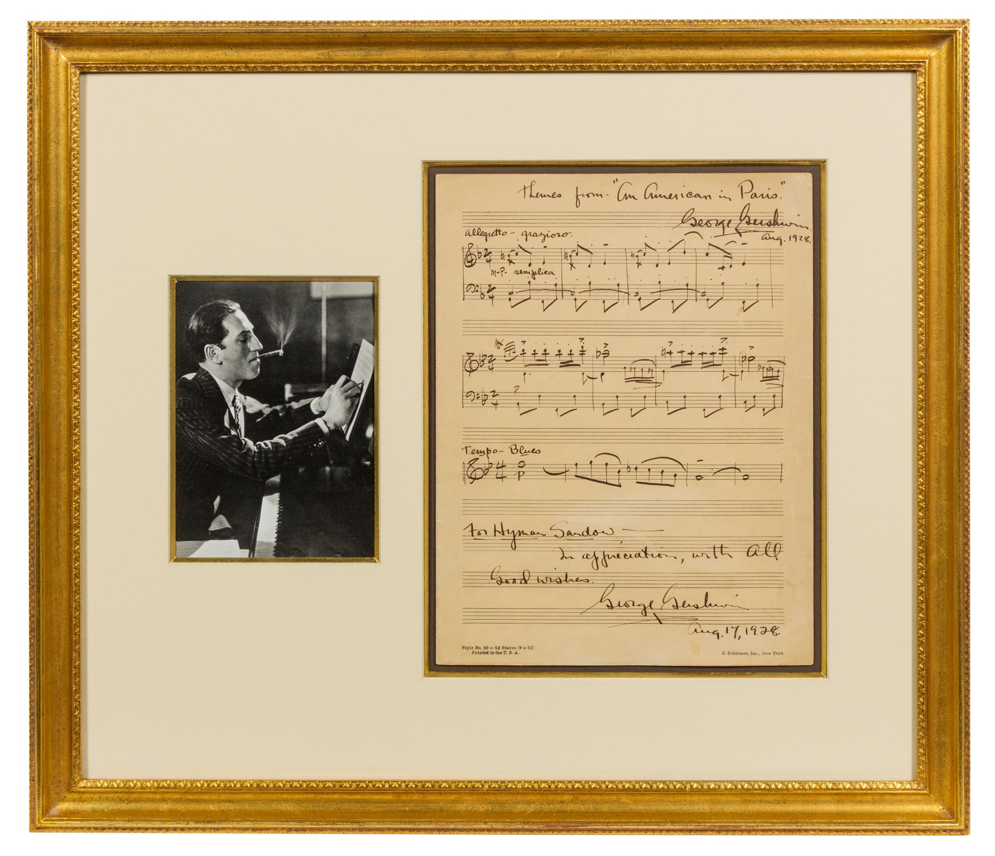 GERSHWIN, George (1898-1937). Autographed musical manuscript signed twice ("George Gershwin"), to Hyman Sandow, 17 August 1928.