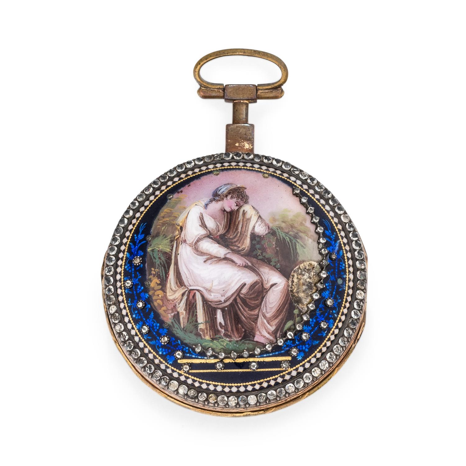 DEROCHES, PASTE AND ENAMEL OPEN FACE POCKET WATCH