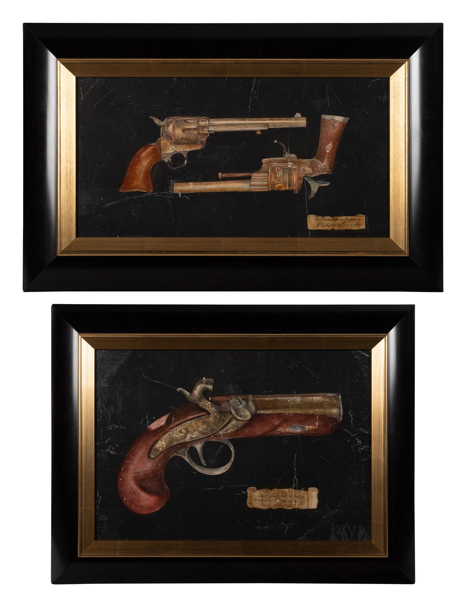 A Pair of Sgraffito Paintings of Pistols
