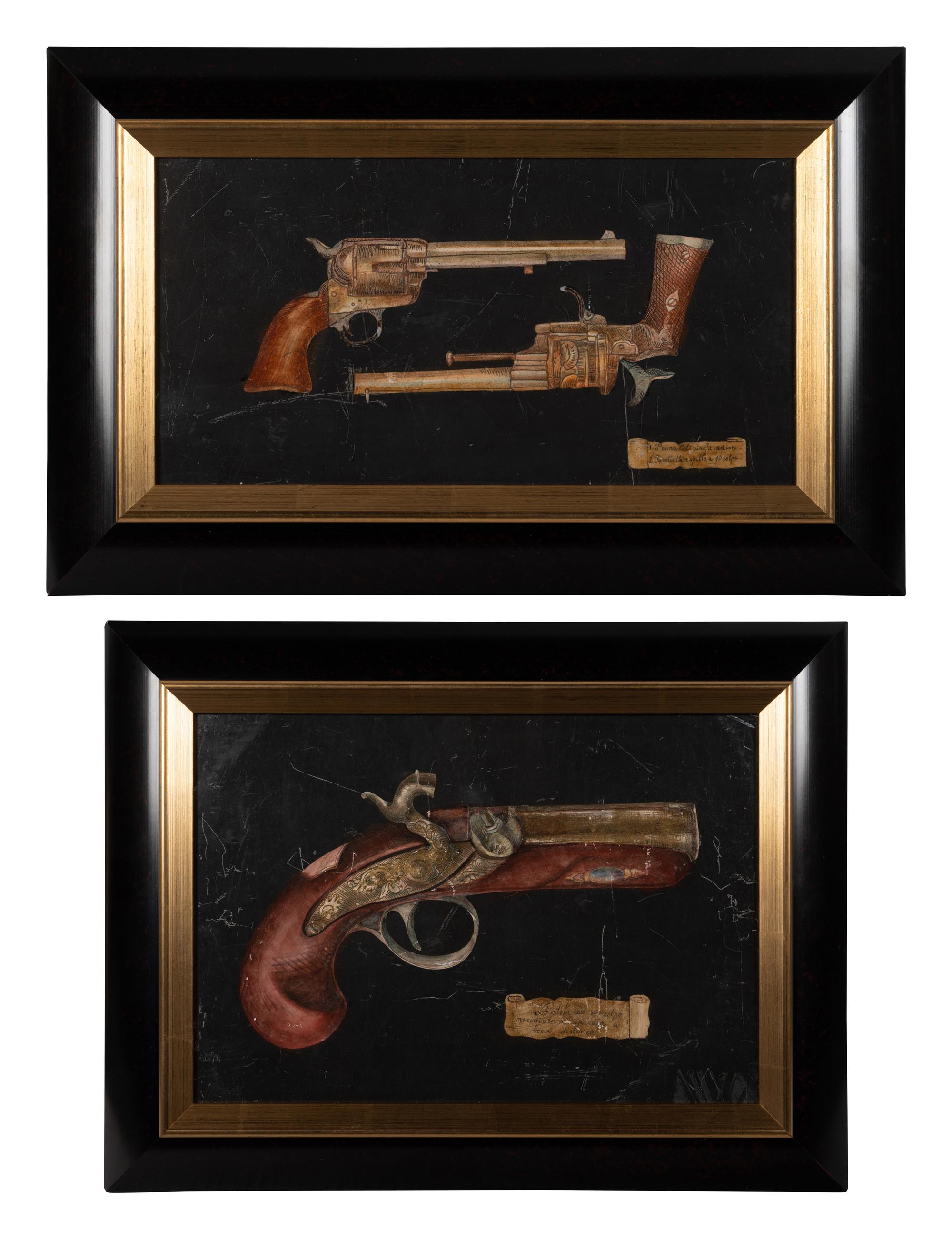 A Pair of Sgraffito Paintings of Pistols