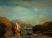 Andrew McCallum (British, 1821-1902) — Sailboats in the Bay and a Rowboat Taxiing Figures to an Anchored Boat , 1890