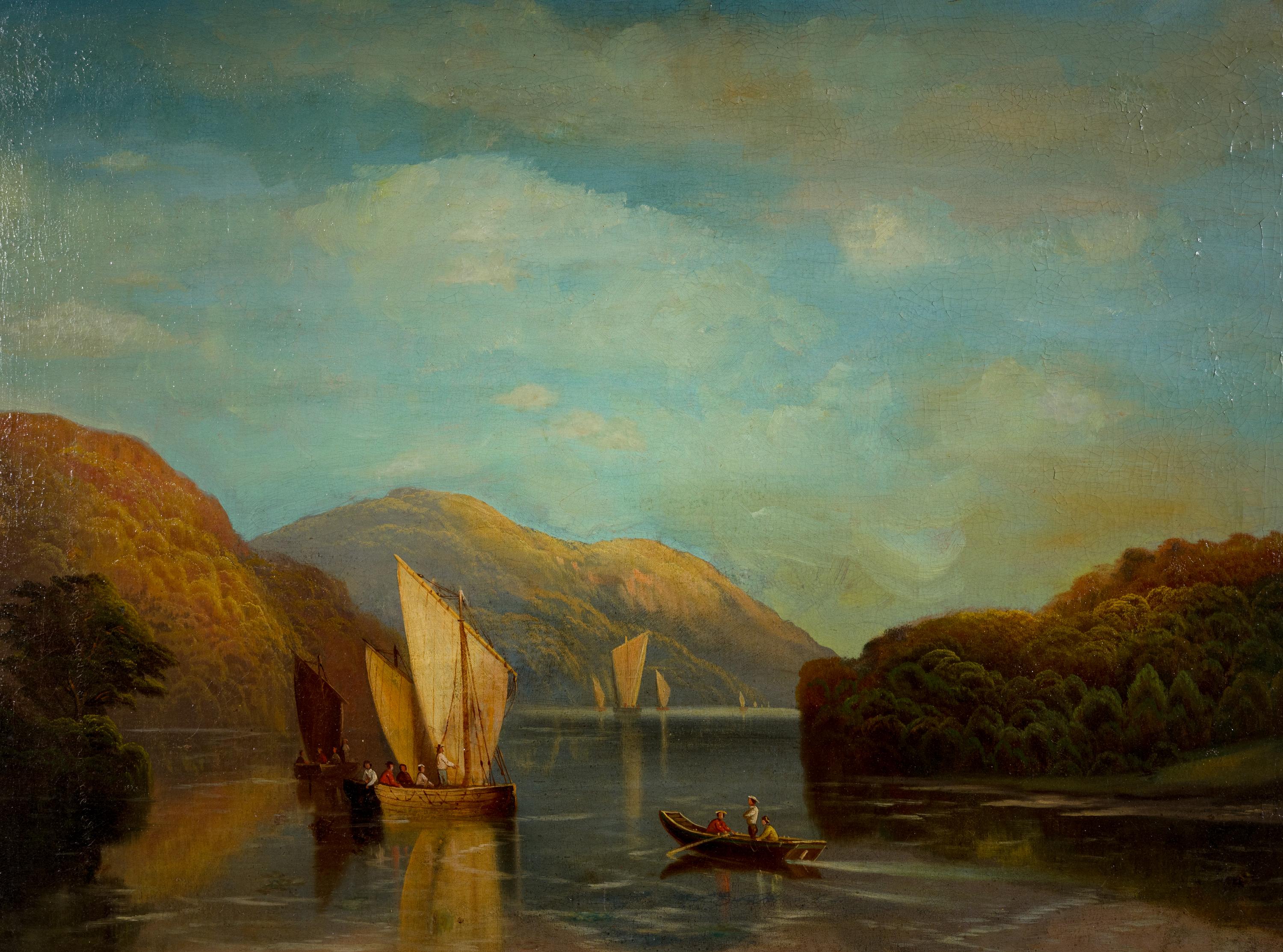 Andrew McCallum (British, 1821-1902) — Sailboats in the Bay and a Rowboat Taxiing Figures to an Anchored Boat , 1890