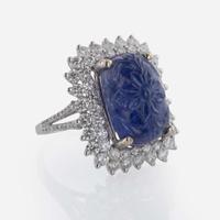 A 14K White Gold, Carved Sapphire, and Diamond Ring Natural Corundum Sapphire
