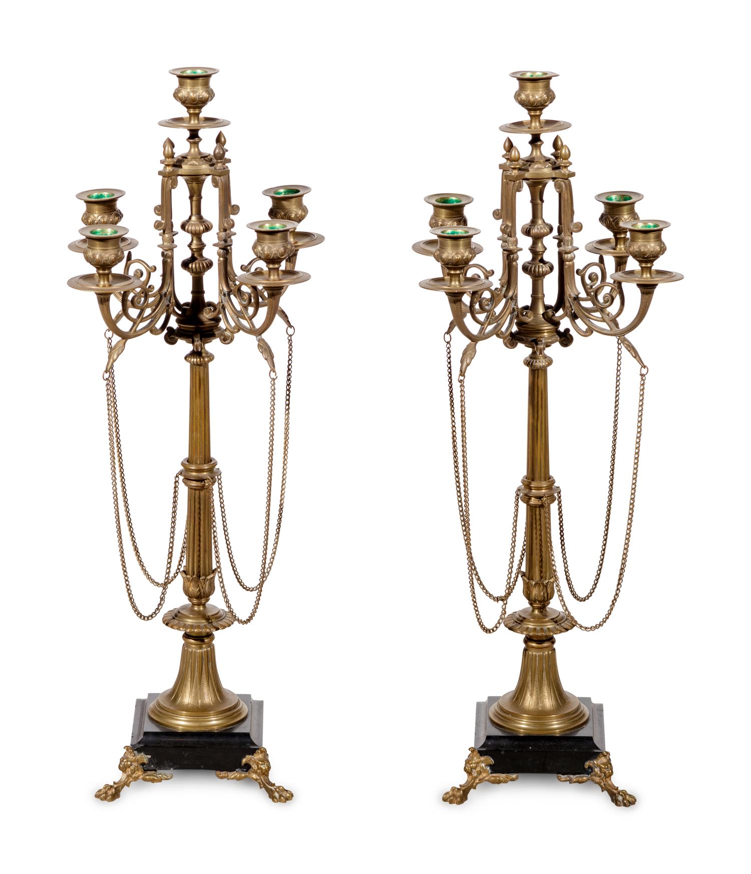 A Pair of French Neoclassical Gilt Bronze Five-Light Candelabra
