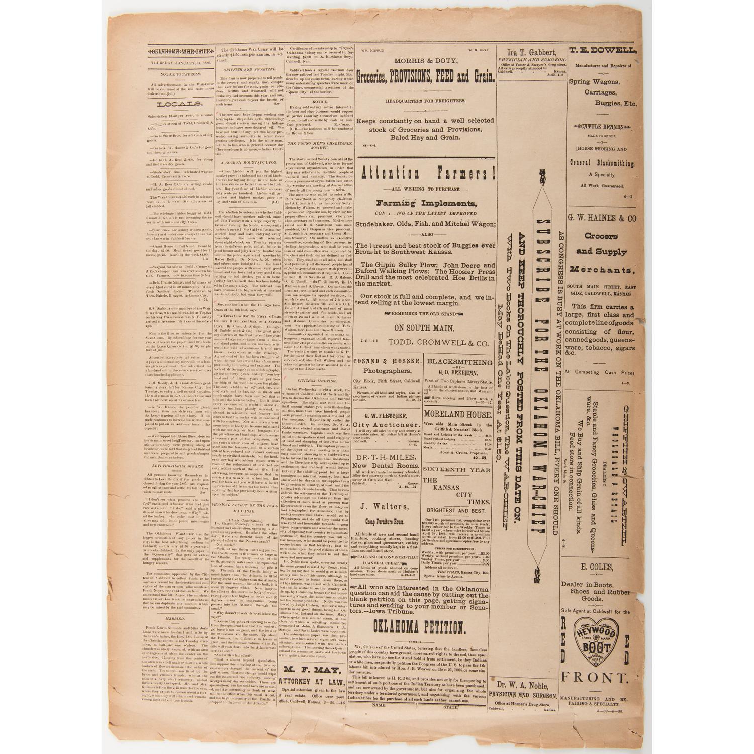 Oklahoma War Chief , Rare Newspaper Founded by Oklahoma Boomer Leader David L. Payne, 1886